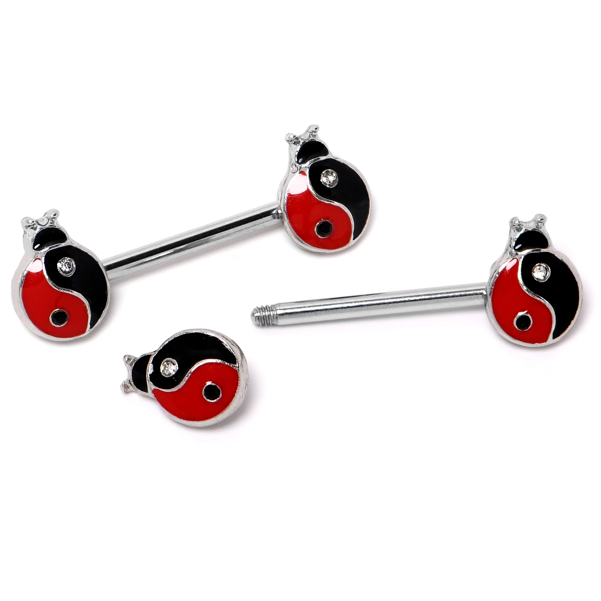 14G 9/16 Clear Gem Ladybug Yin Yang Barbell Nipple Ring Set - Image 4