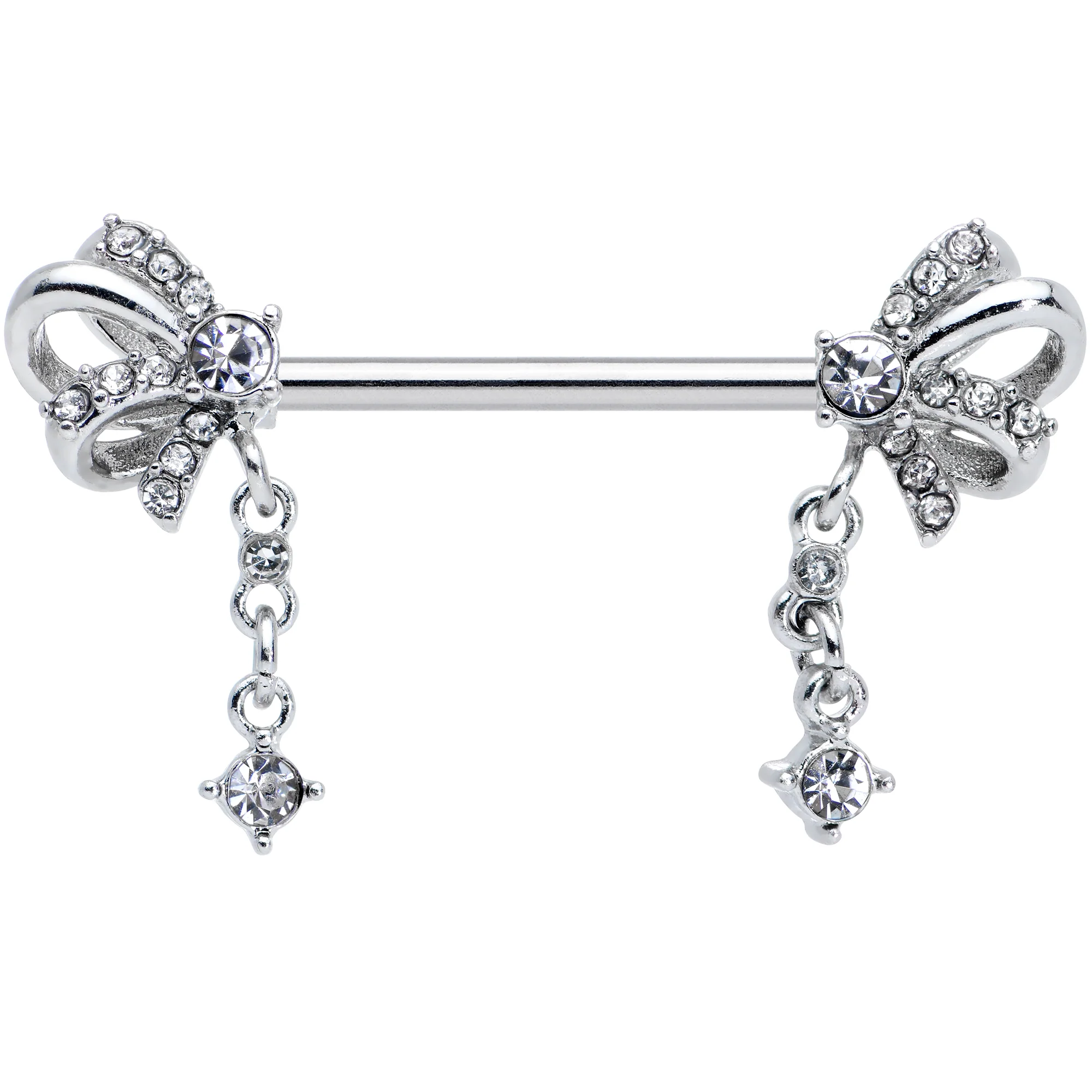 14G 9/16 Clear Gem Looping Bow Dangle Barbell Nipple Ring Set - Image 2