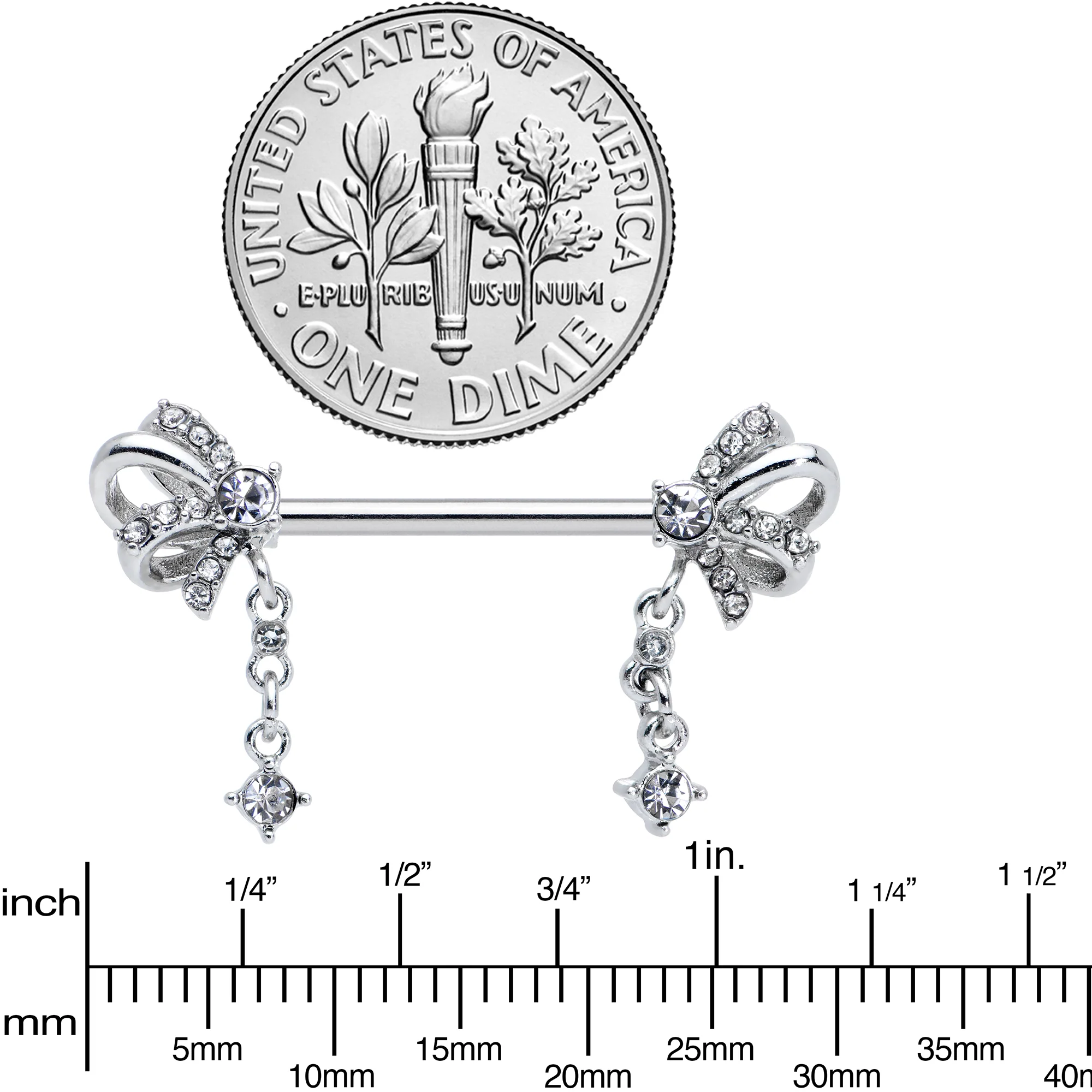 14G 9/16 Clear Gem Looping Bow Dangle Barbell Nipple Ring Set - Image 3