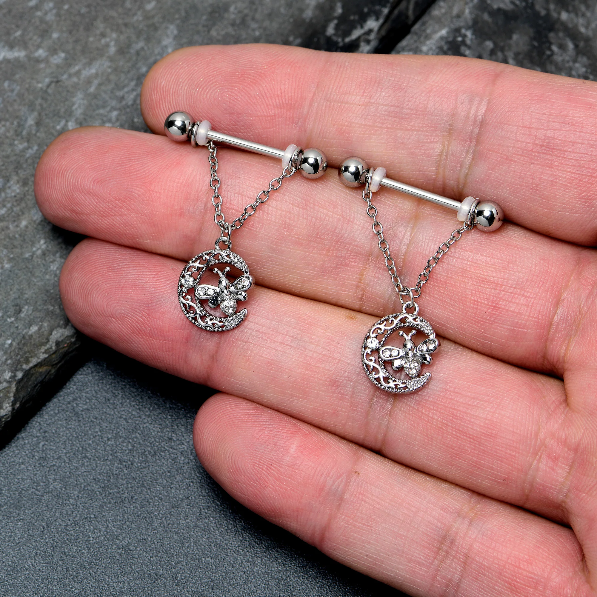 14G 9/16 Clear Gem Lunar Dragonfly Chain Dangle Nipple Ring Set - Image 2