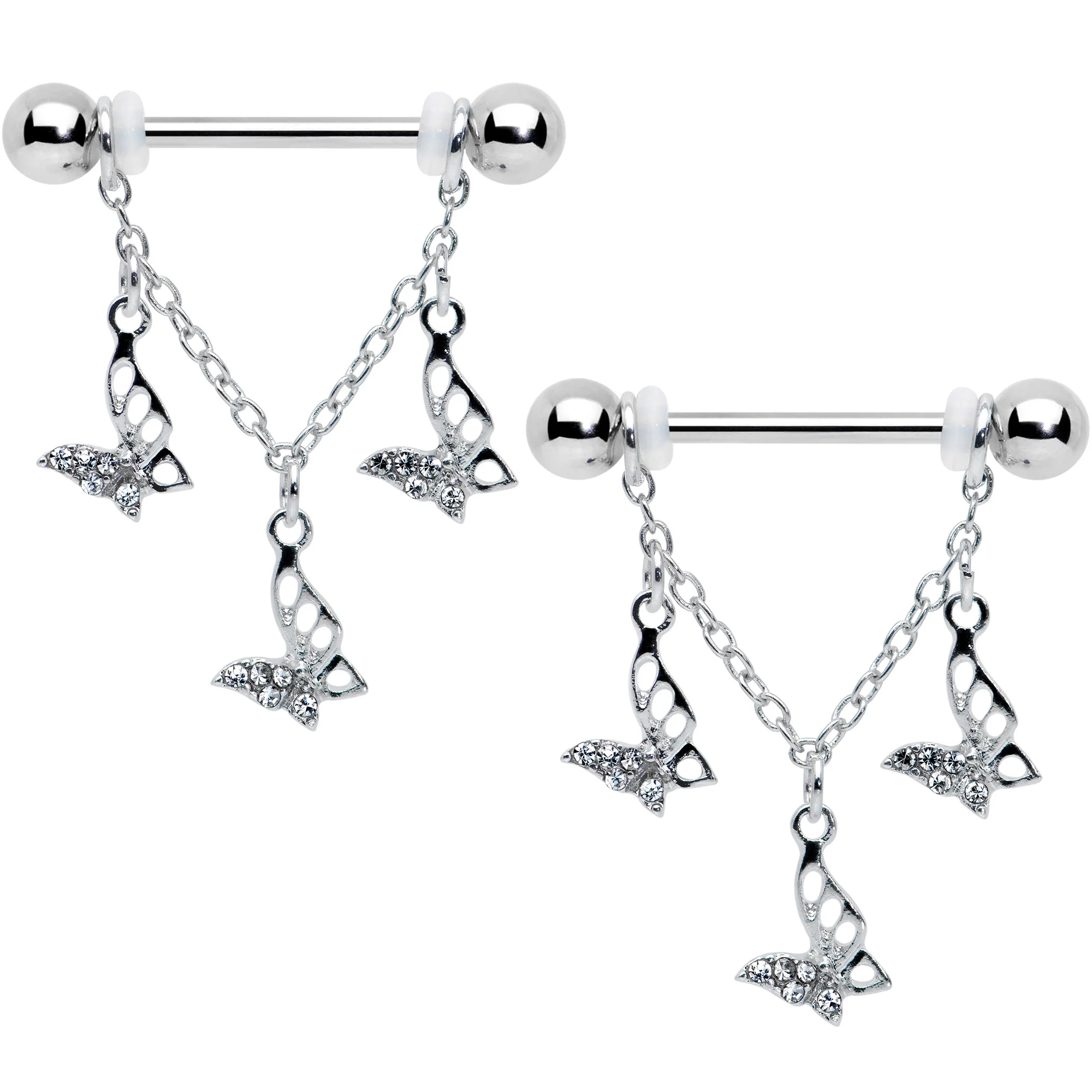 14G 9/16 Clear Gem Open Butterfly Chain Dangle Nipple Ring Set