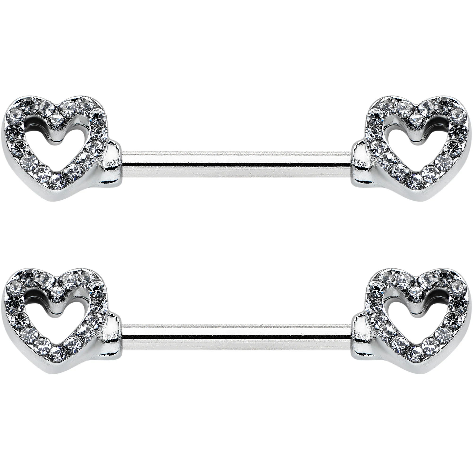 14G 9/16 Clear Gem Open Heart Valentine Barbell Nipple Ring Set - Image 2