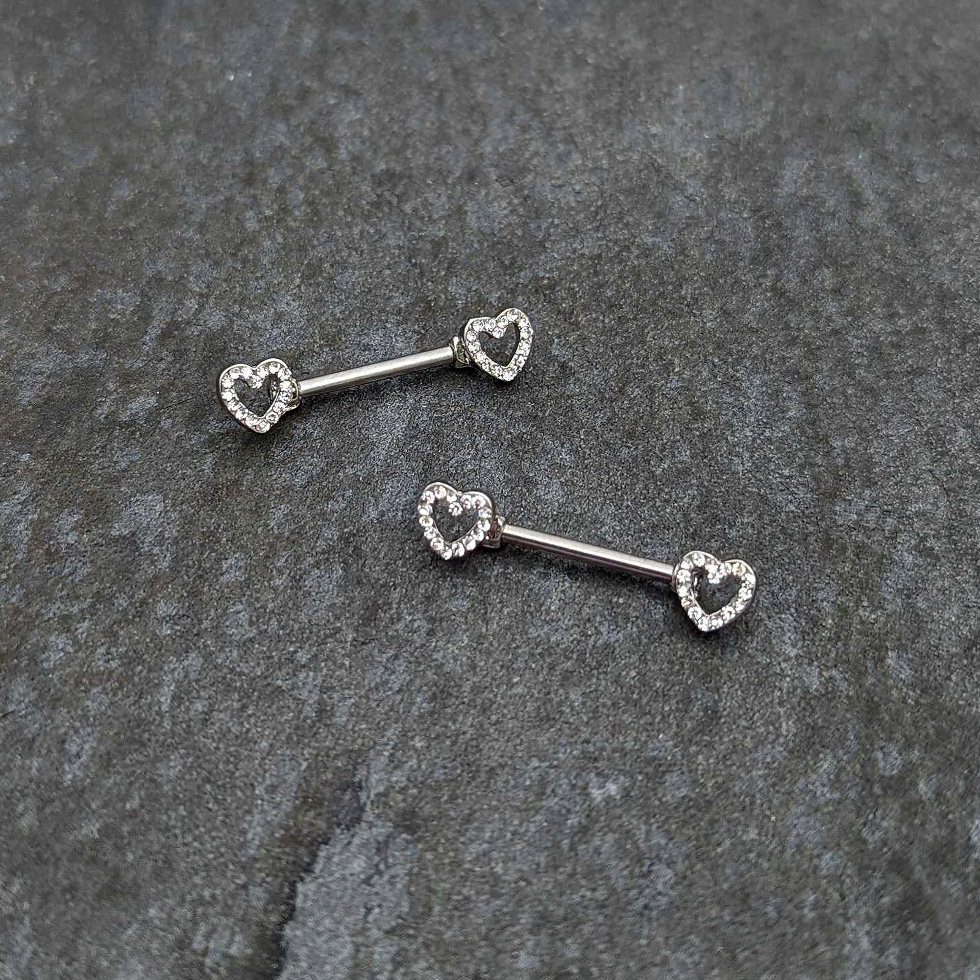 14G 9/16 Clear Gem Open Heart Valentine Barbell Nipple Ring Set - Image 4