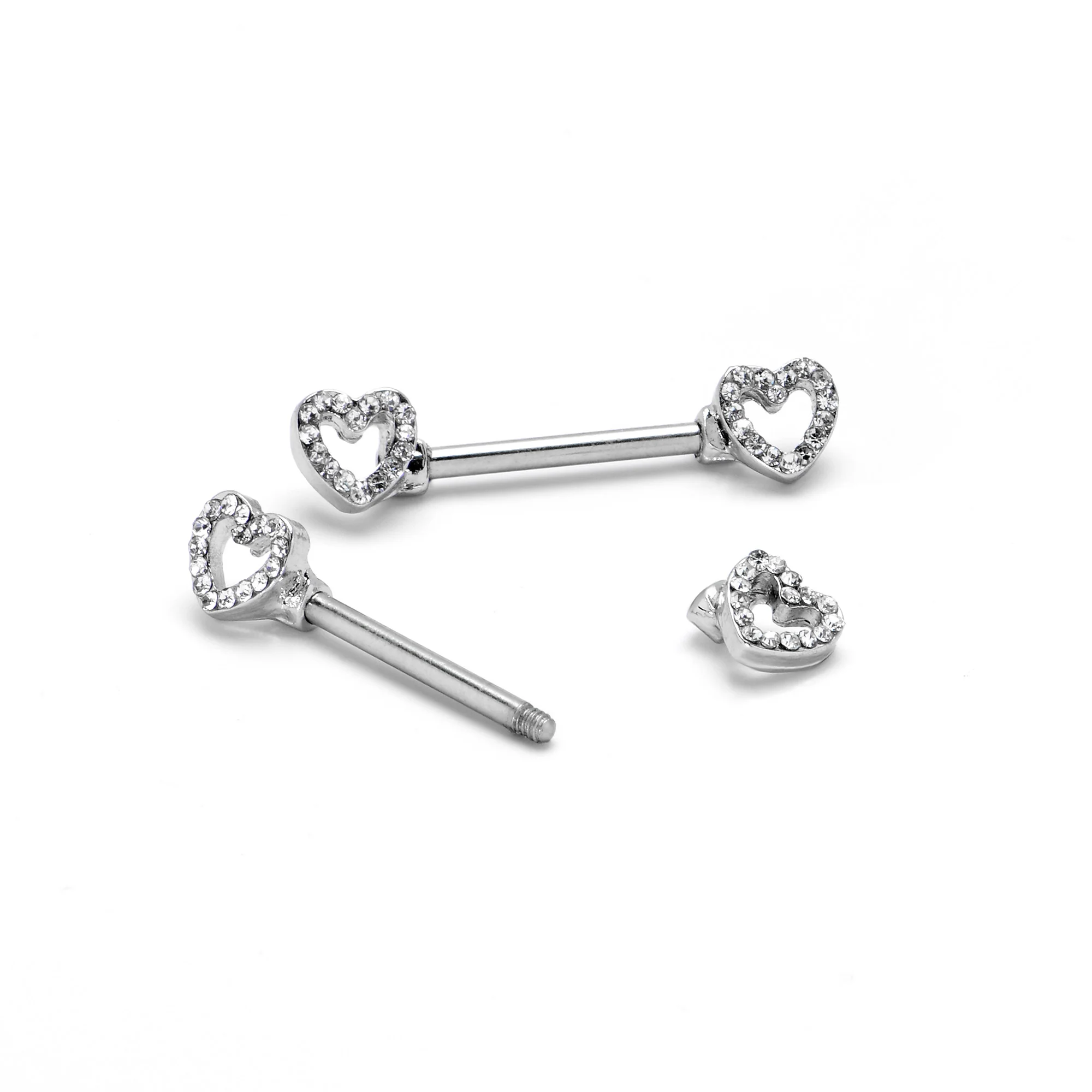 14G 9/16 Clear Gem Open Heart Valentine Barbell Nipple Ring Set - Image 6