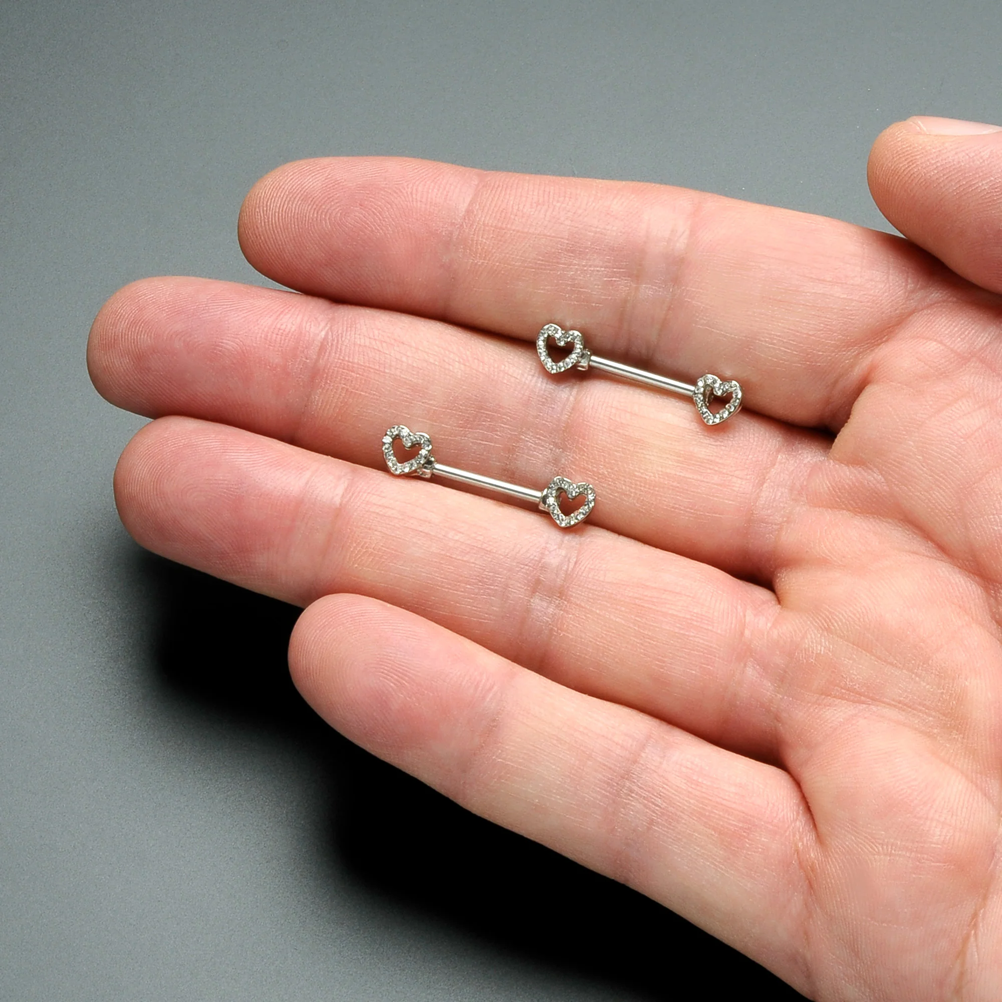 14G 9/16 Clear Gem Open Heart Valentine Barbell Nipple Ring Set - Image 7