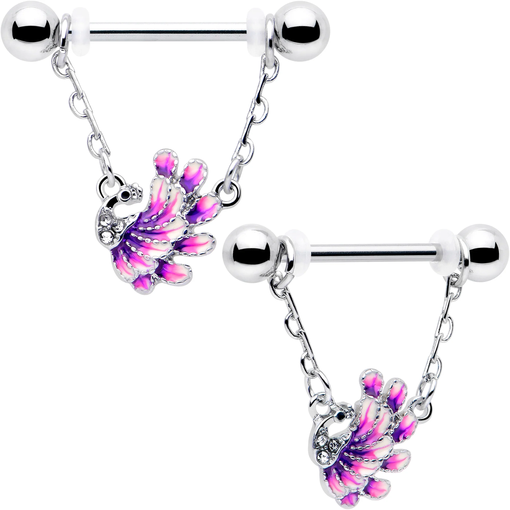 14G 9/16 Clear Gem Peacock Purple Chain Dangle Nipple Ring Set - Image 4
