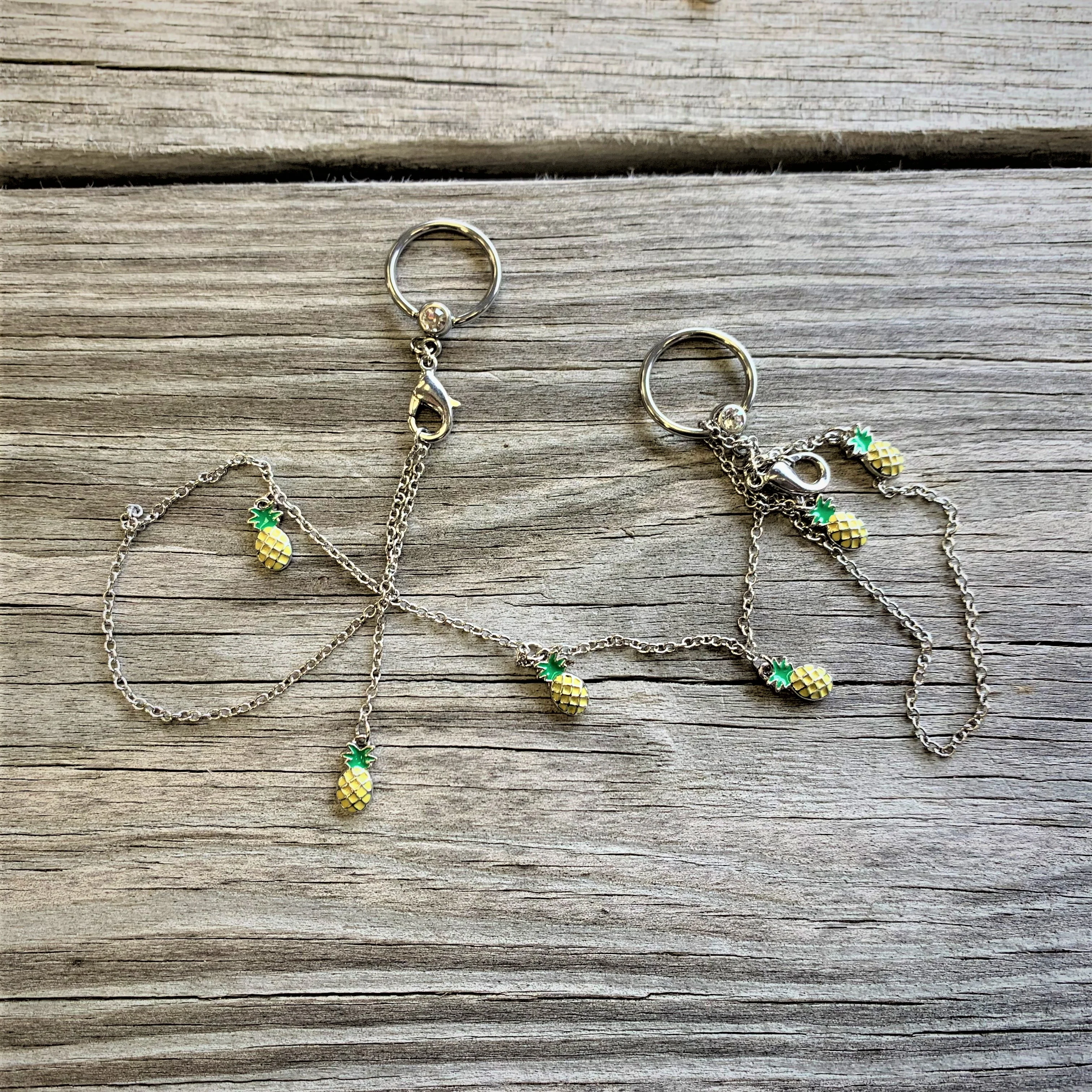14G 9/16 Clear Gem Pineapple BCR Captive Ring Dangle Nipple Chain - Image 2