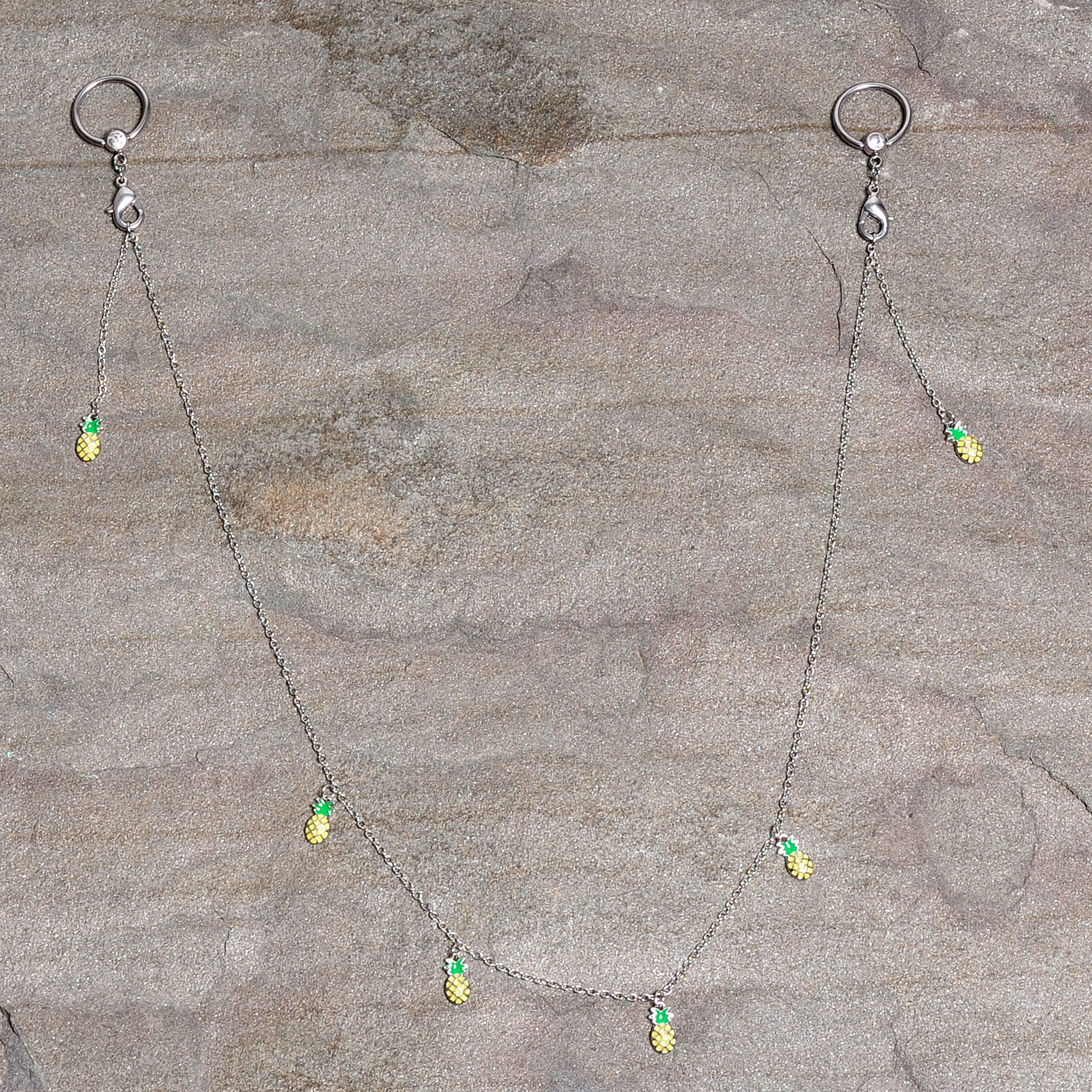 14G 9/16 Clear Gem Pineapple BCR Captive Ring Dangle Nipple Chain - Image 4