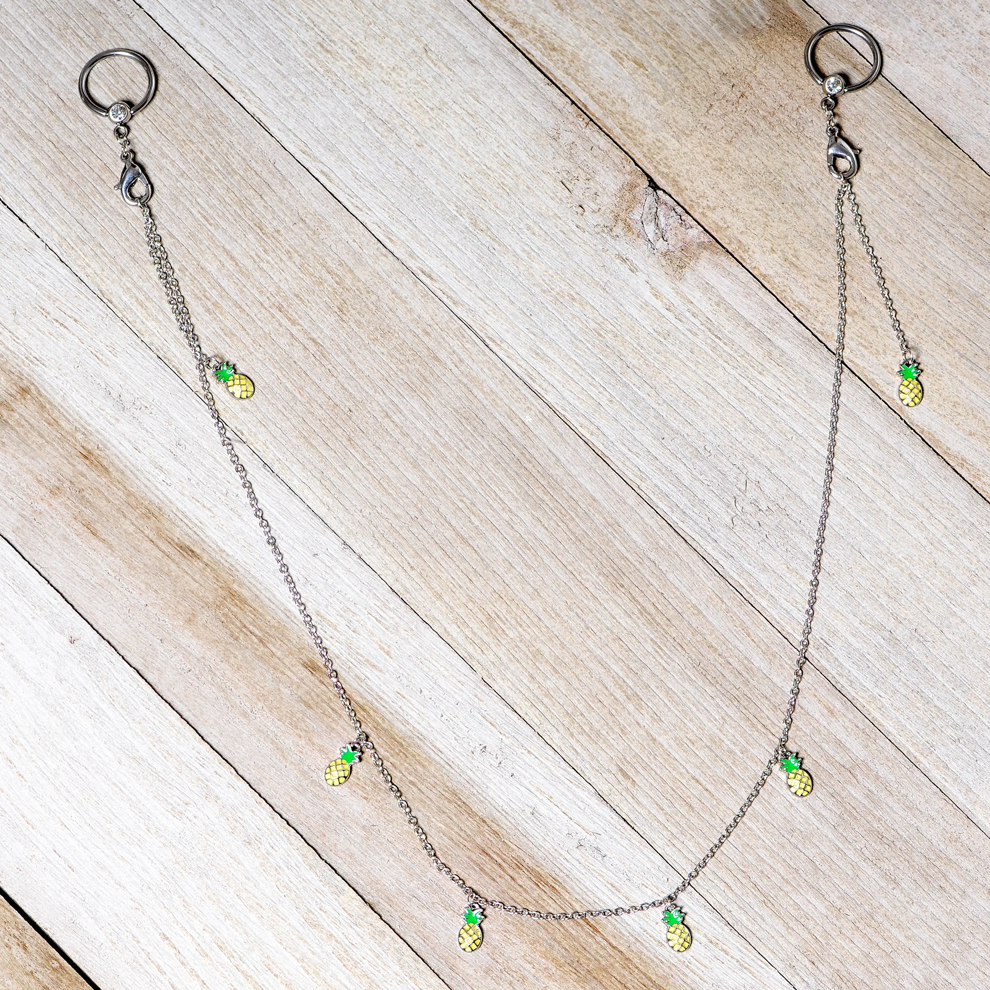 14G 9/16 Clear Gem Pineapple BCR Captive Ring Dangle Nipple Chain - Image 5