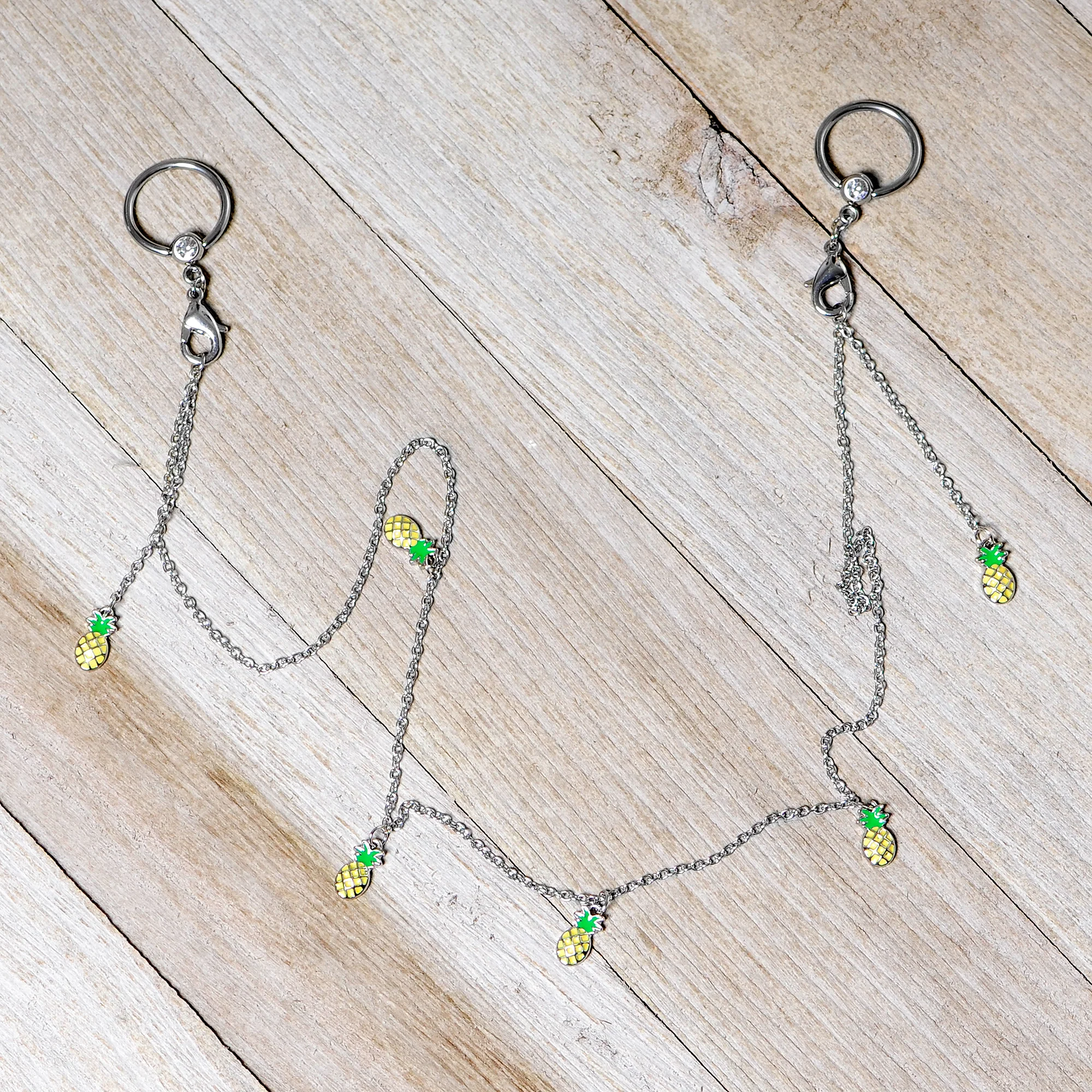 14G 9/16 Clear Gem Pineapple BCR Captive Ring Dangle Nipple Chain - Image 6