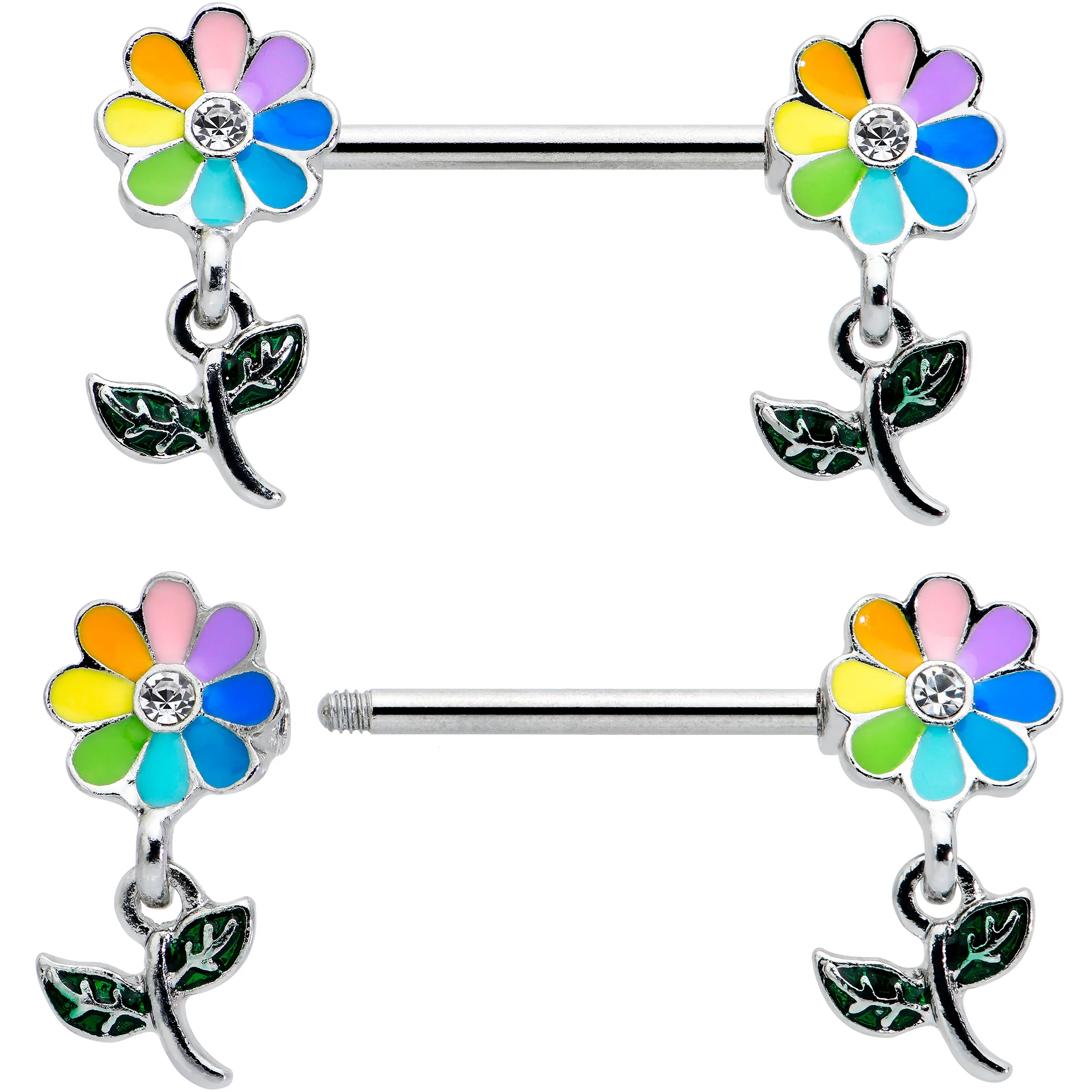 14G 9/16 Clear Gem Pride Rainbow Flower Dangle Nipple Ring Set - Image 2