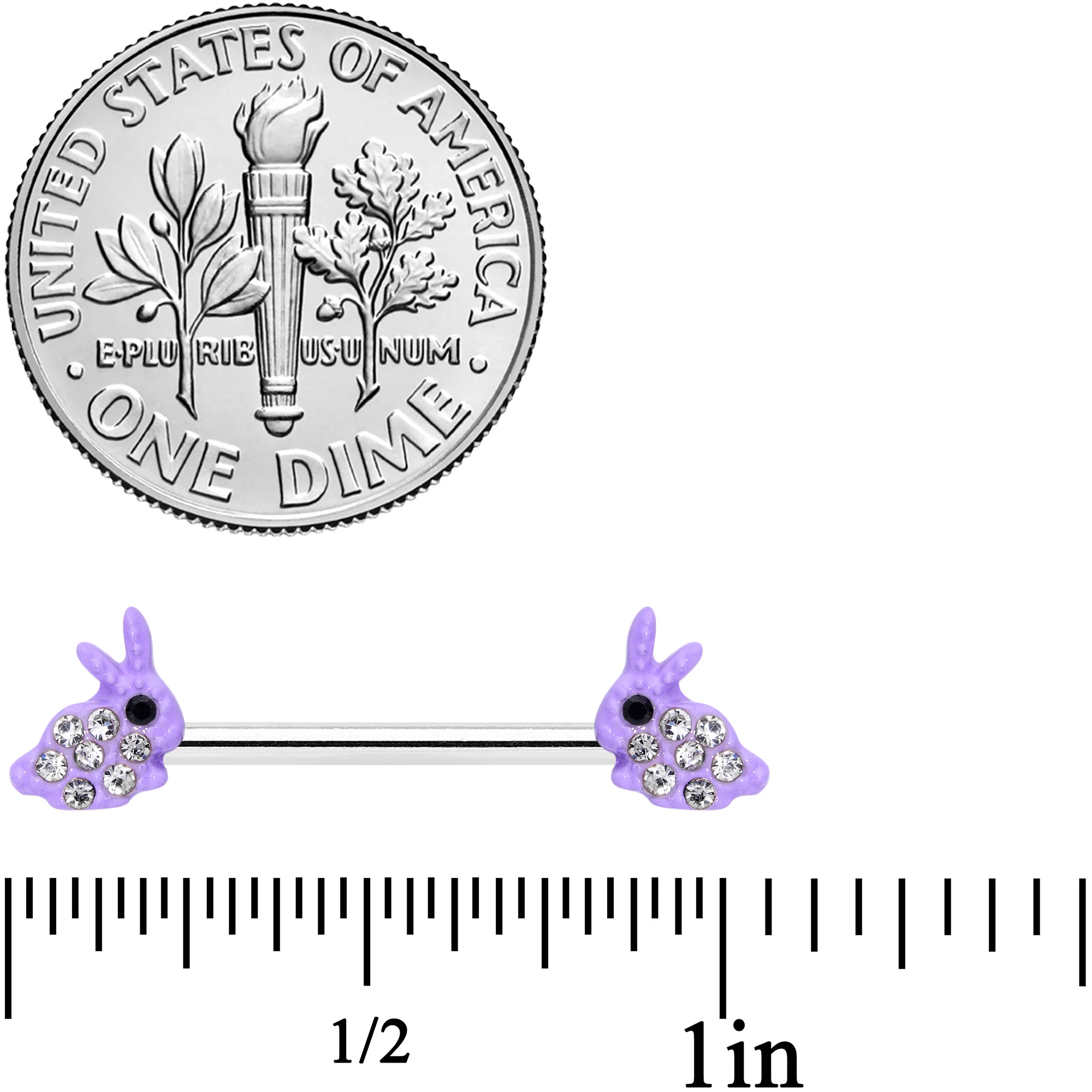 14G 9/16 Clear Gem Purple Easter Bunny Barbell Nipple Ring Set - Image 2