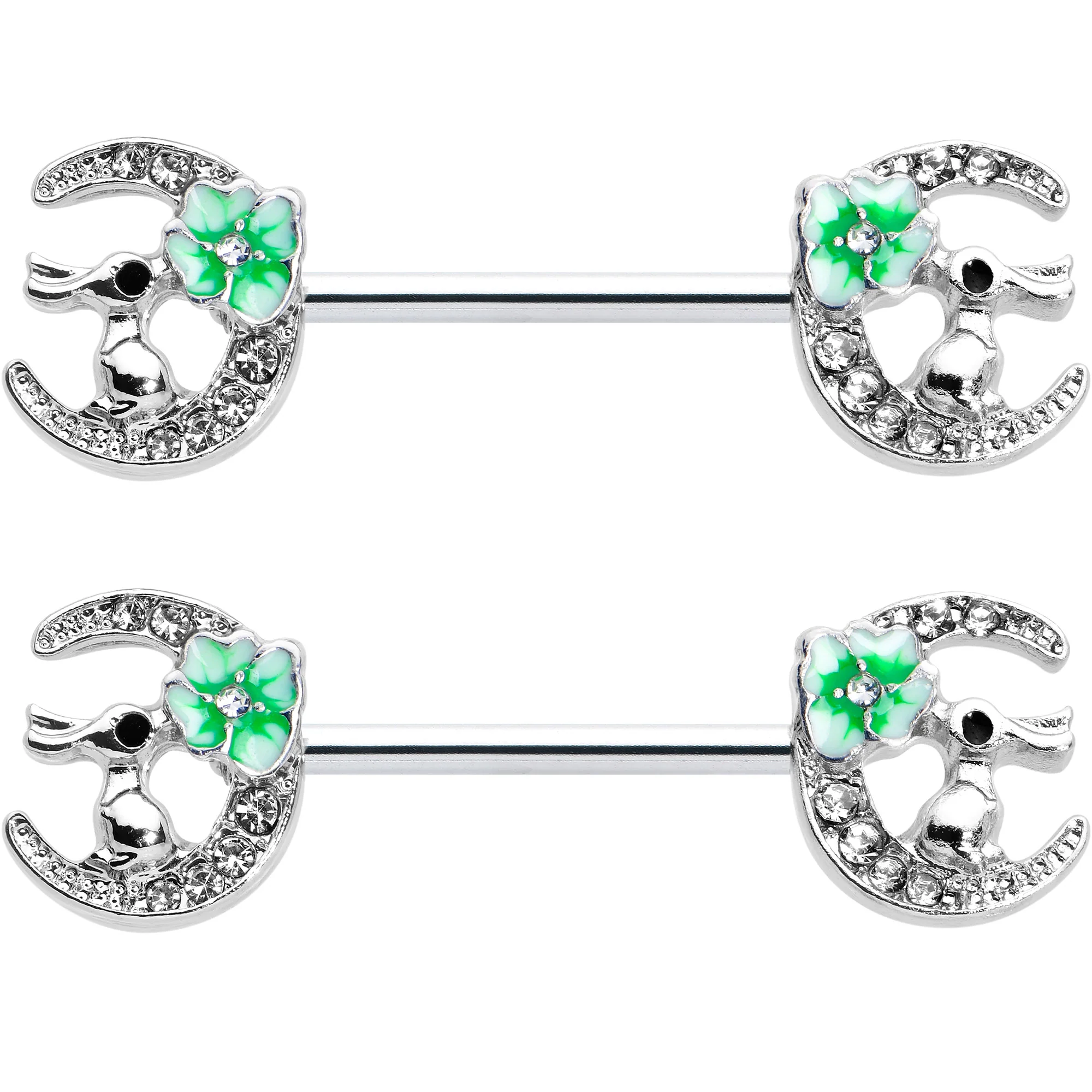14G 9/16 Clear Gem Rabbit On Moon Flower Green Nipple Ring Set - Image 2