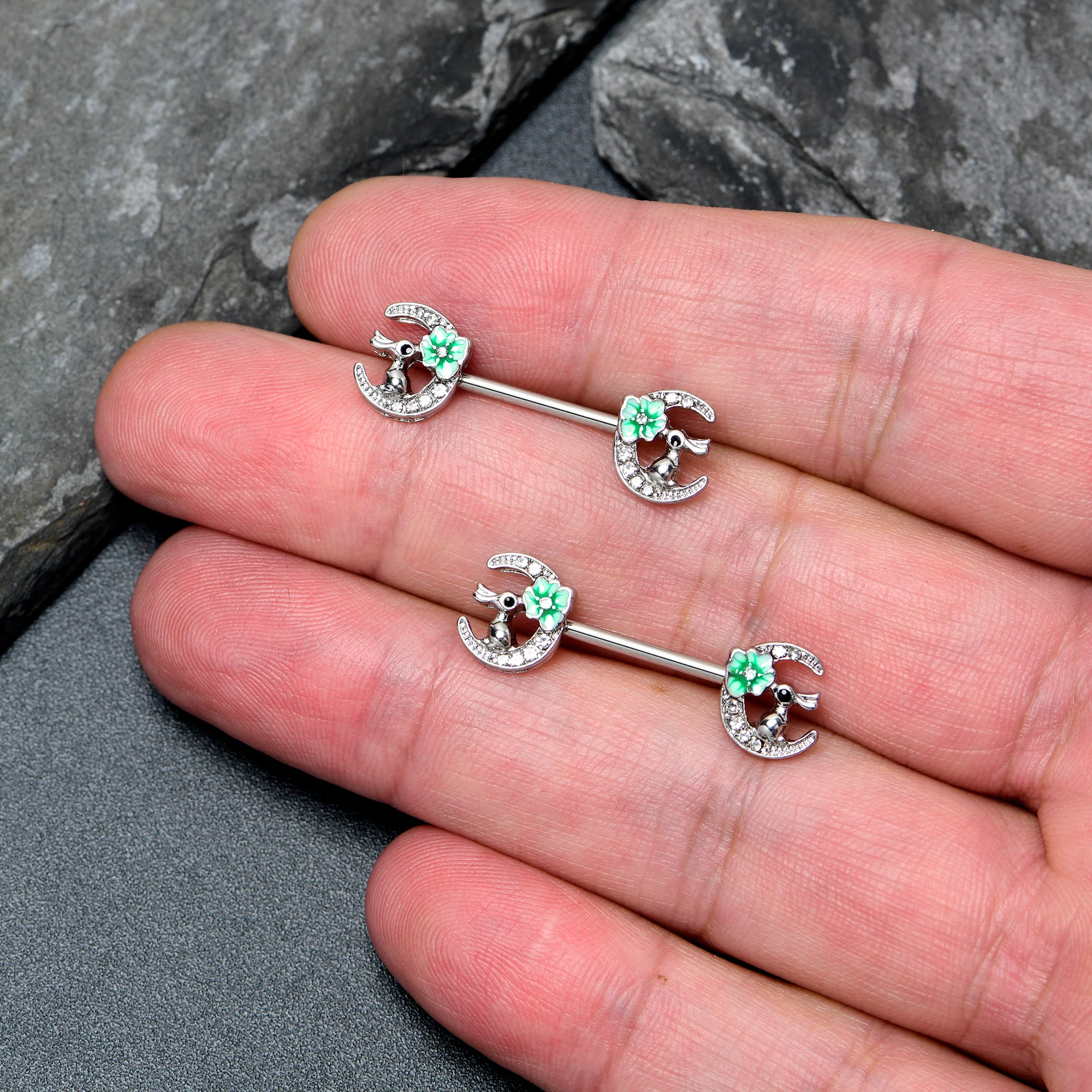 14G 9/16 Clear Gem Rabbit On Moon Flower Green Nipple Ring Set - Image 3