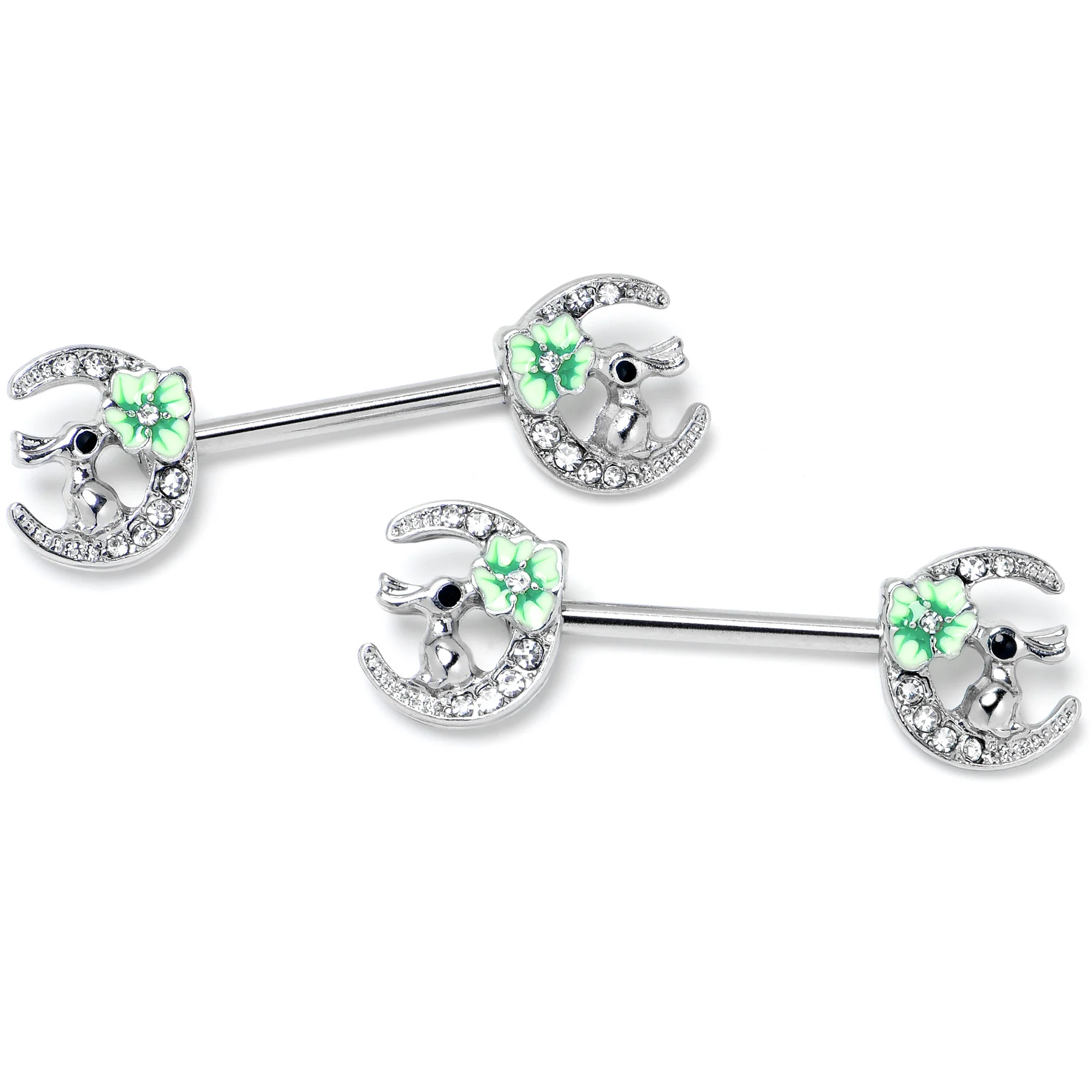 14G 9/16 Clear Gem Rabbit On Moon Flower Green Nipple Ring Set - Image 4