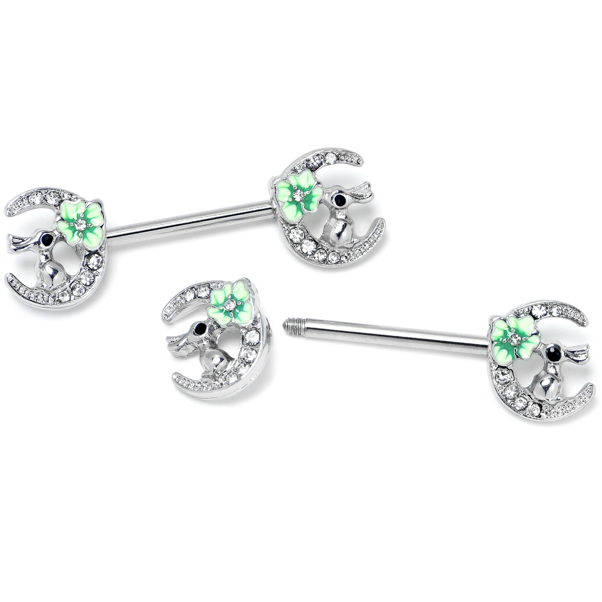 14G 9/16 Clear Gem Rabbit On Moon Flower Green Nipple Ring Set - Image 5