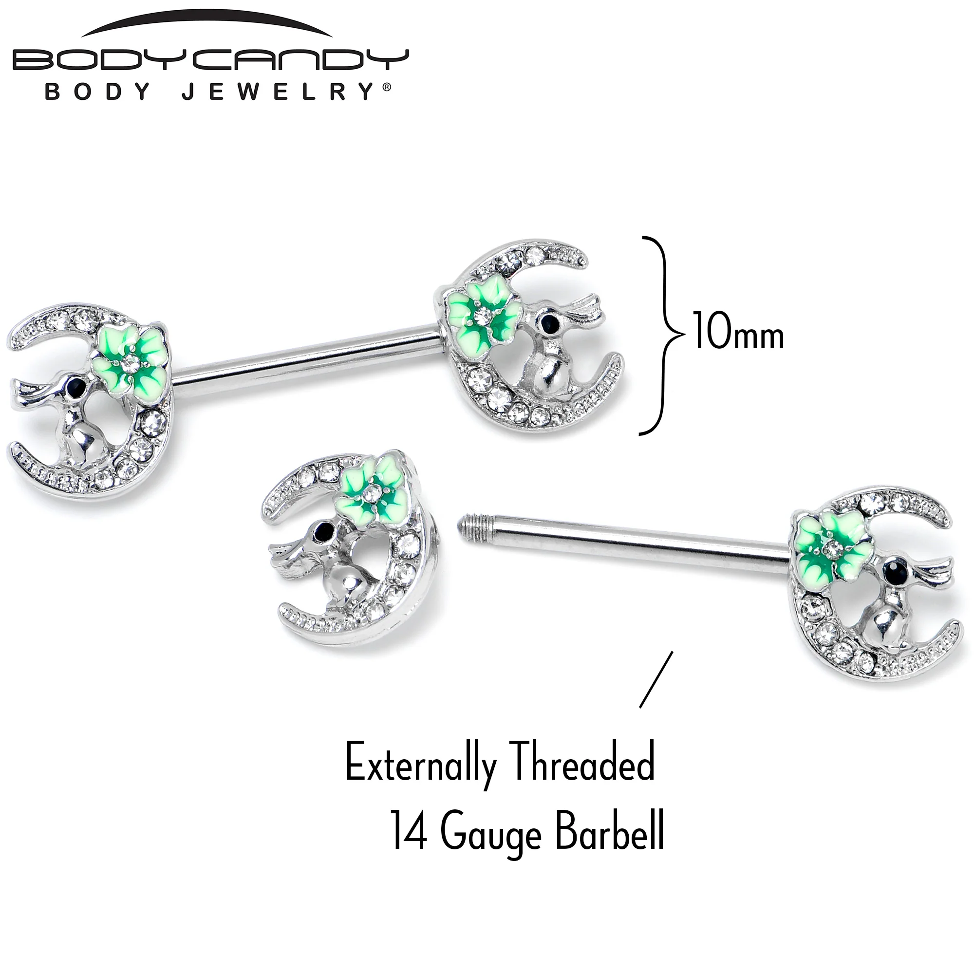 14G 9/16 Clear Gem Rabbit On Moon Flower Green Nipple Ring Set - Image 6