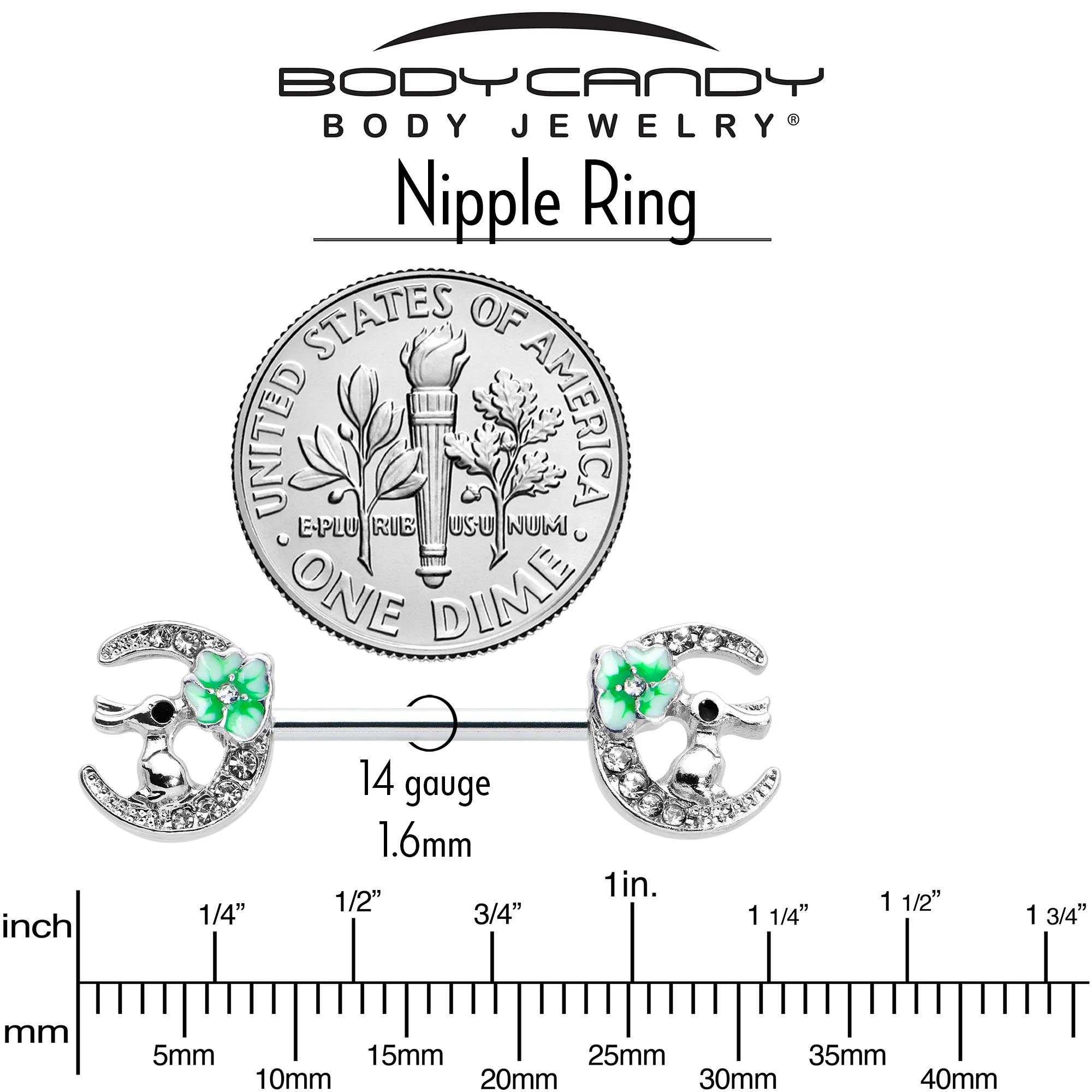 14G 9/16 Clear Gem Rabbit On Moon Flower Green Nipple Ring Set - Image 7