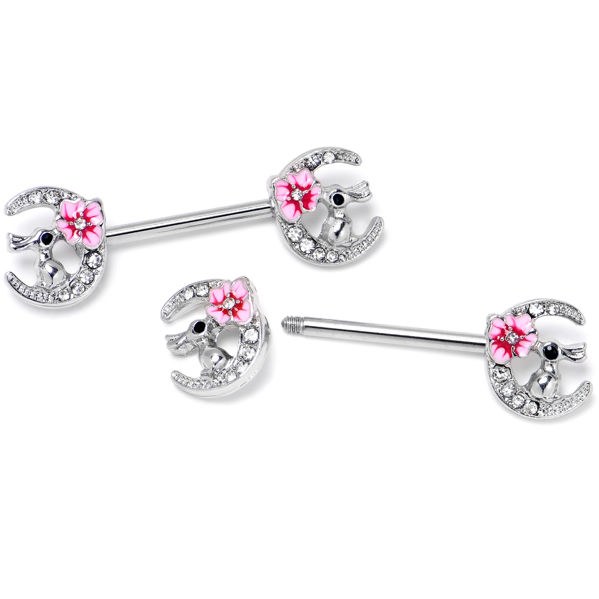 14G 9/16 Clear Gem Rabbit On Moon Flower Pink Nipple Ring Set - Image 5