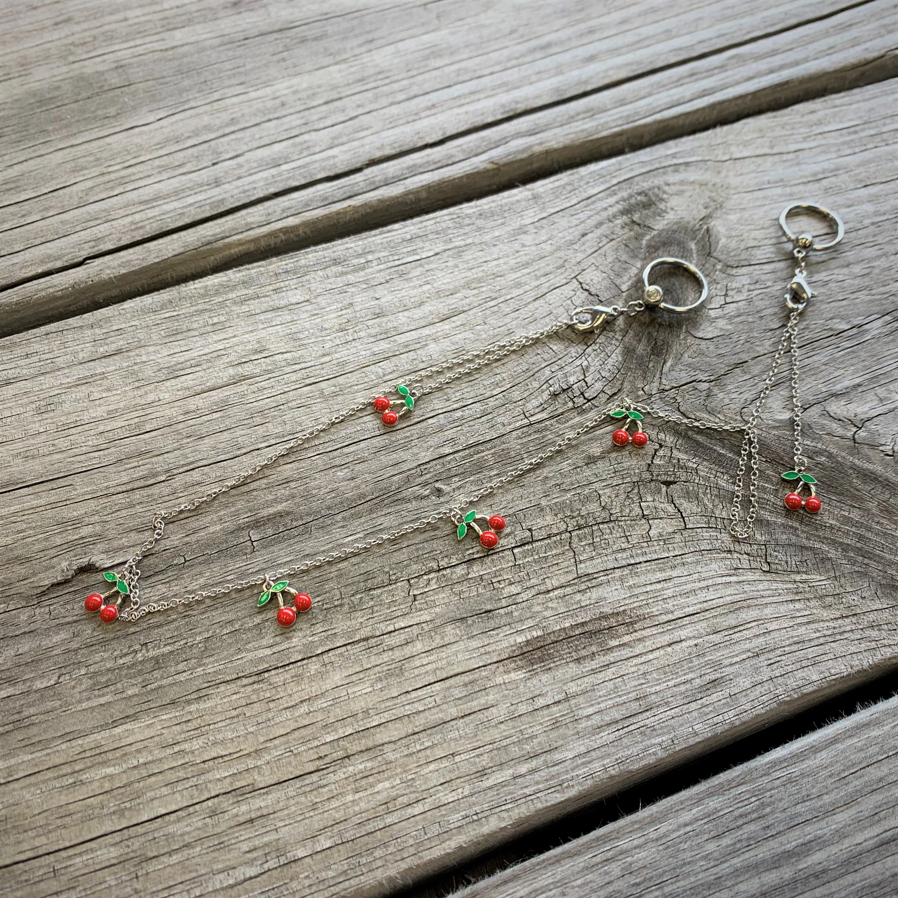 14G 9/16 Clear Gem Red Cherry Captive Ring Dangle Nipple Chain - Image 2
