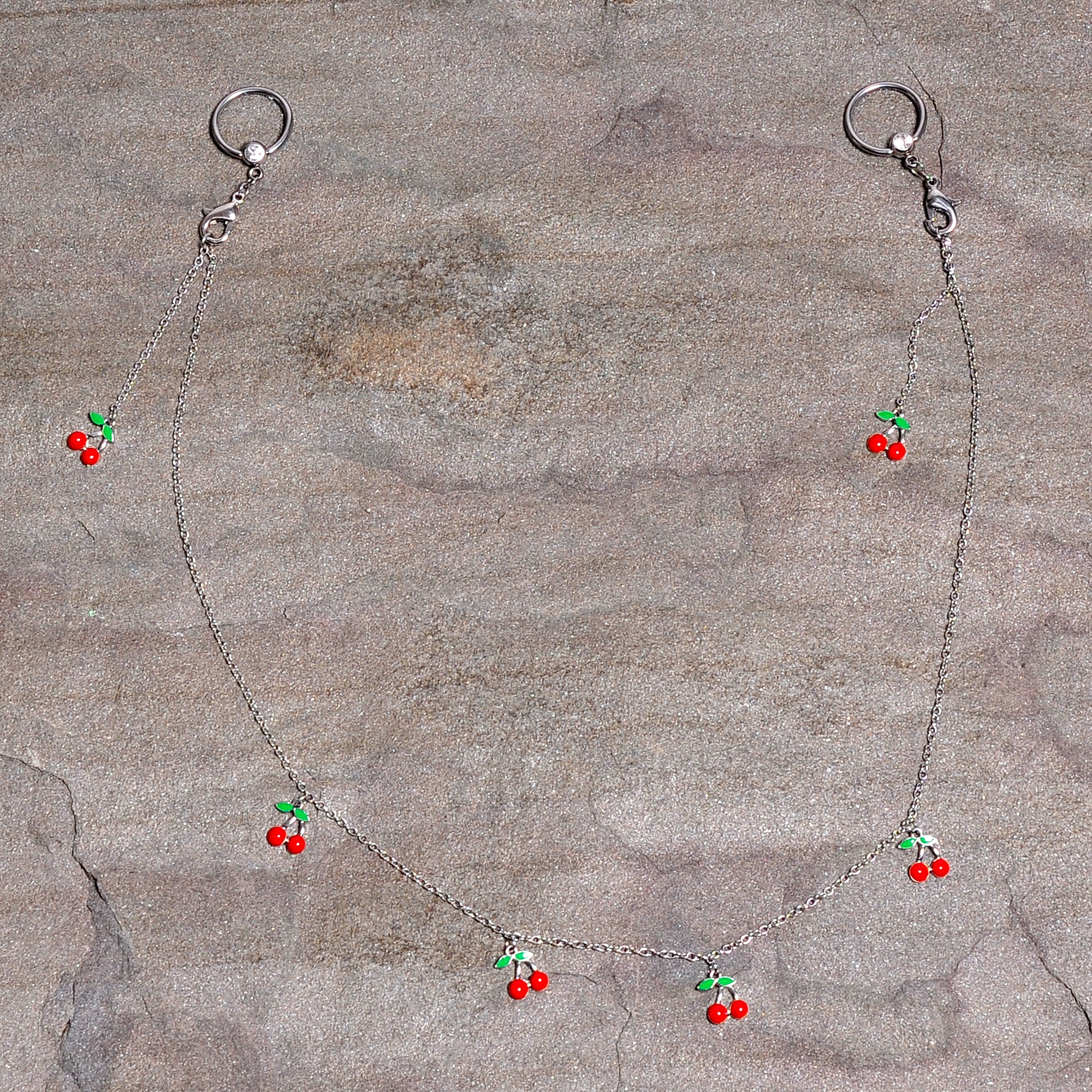 14G 9/16 Clear Gem Red Cherry Captive Ring Dangle Nipple Chain - Image 4