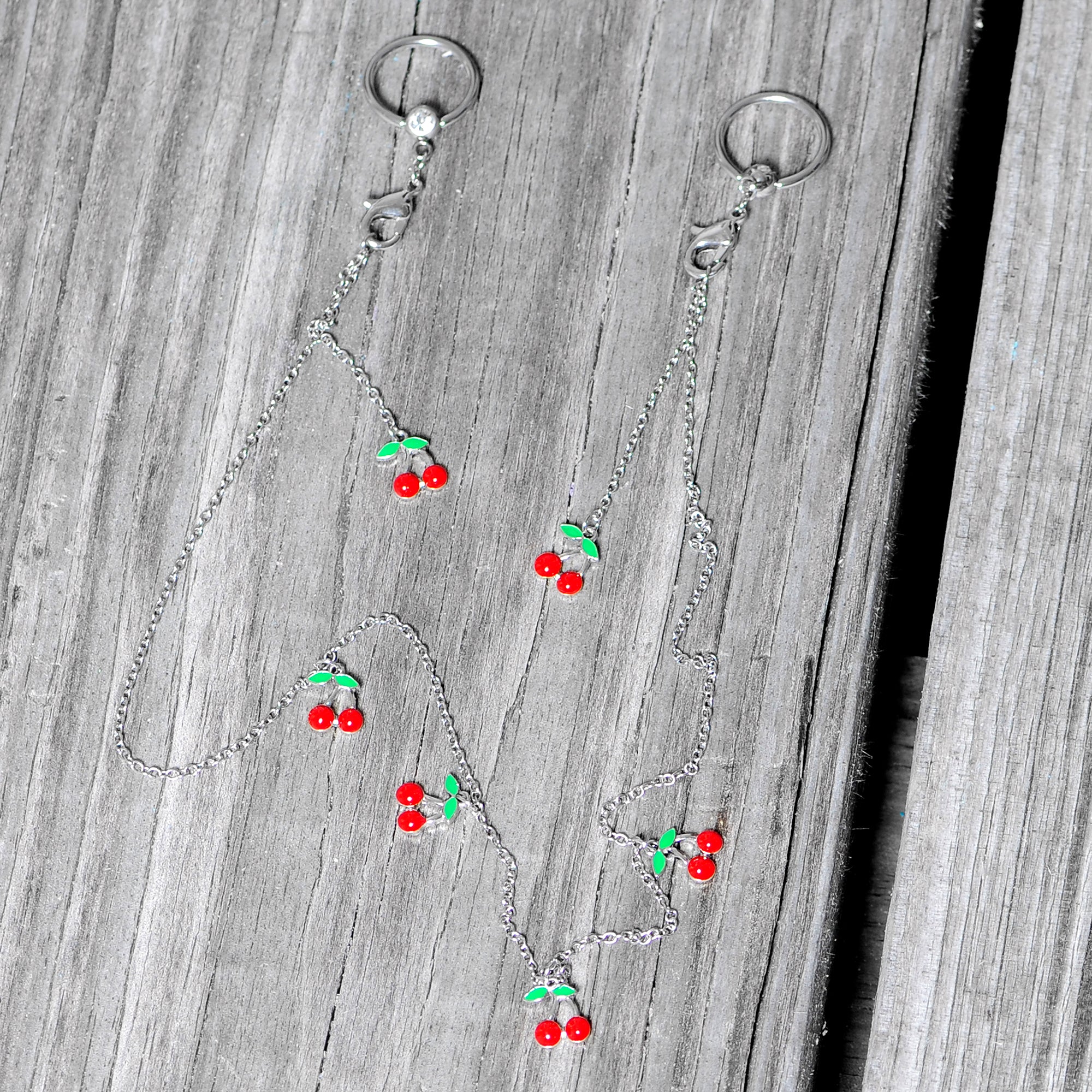 14G 9/16 Clear Gem Red Cherry Captive Ring Dangle Nipple Chain - Image 6