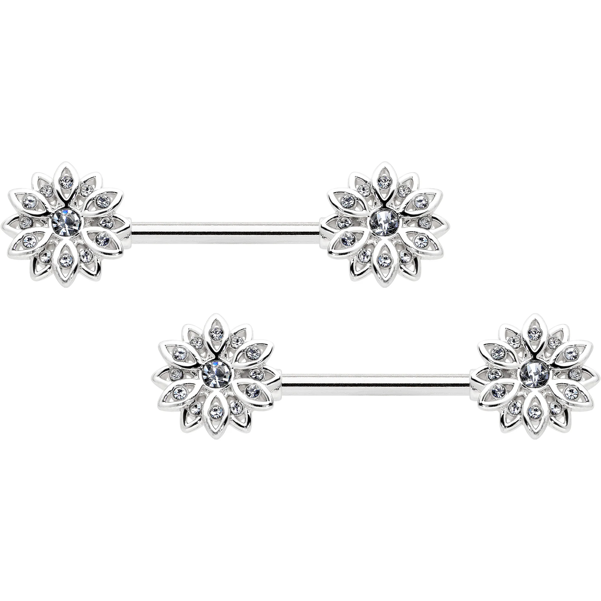 14G 9/16 Clear Gem Rococo Starry Flower Barbell Nipple Ring Set