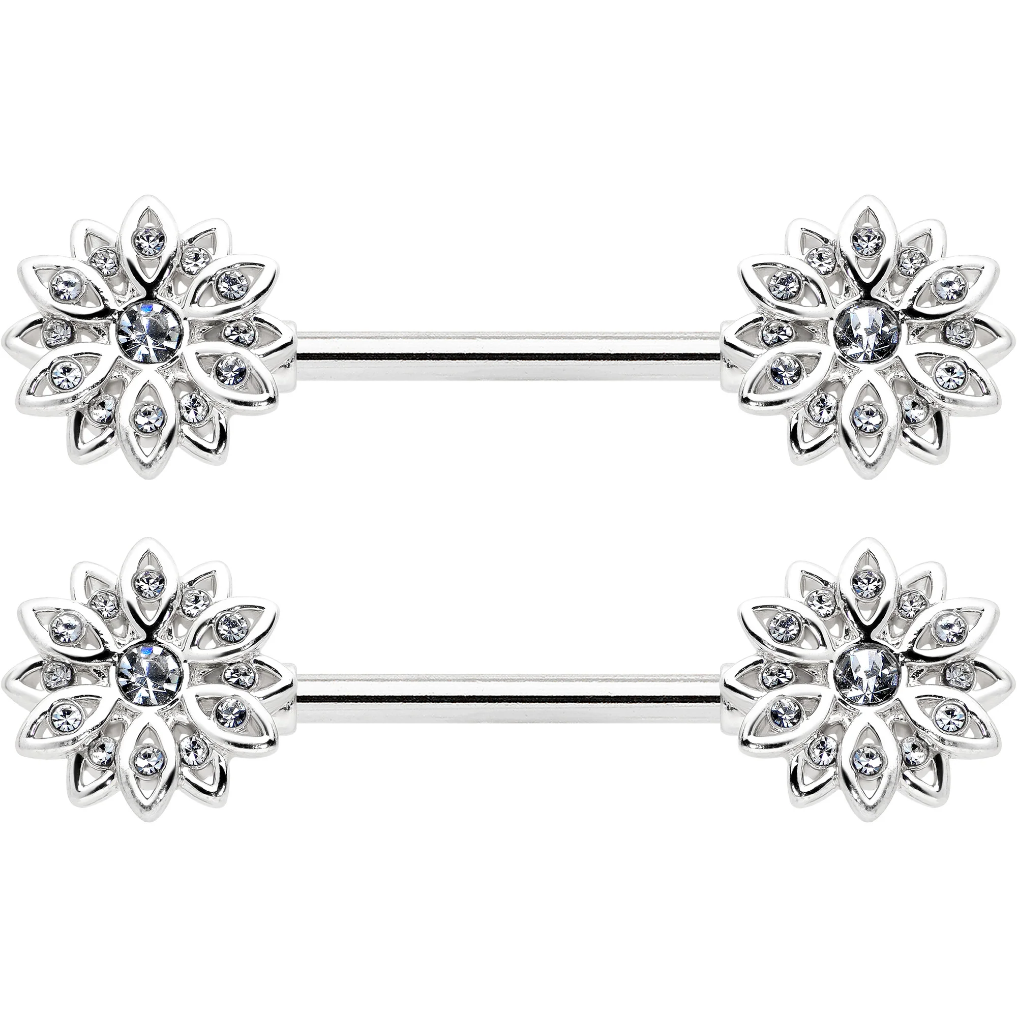 14G 9/16 Clear Gem Rococo Starry Flower Barbell Nipple Ring Set - Image 2