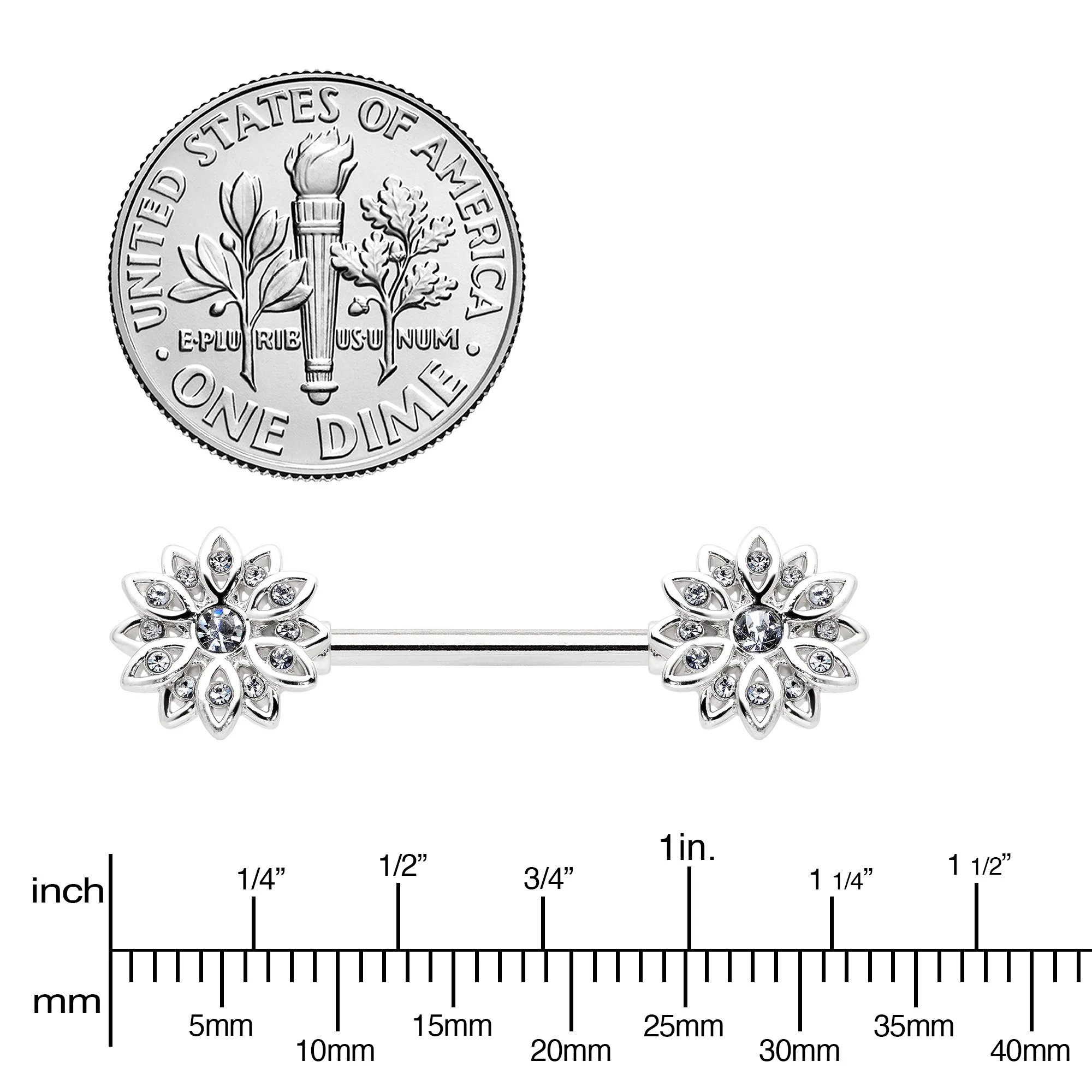 14G 9/16 Clear Gem Rococo Starry Flower Barbell Nipple Ring Set - Image 3