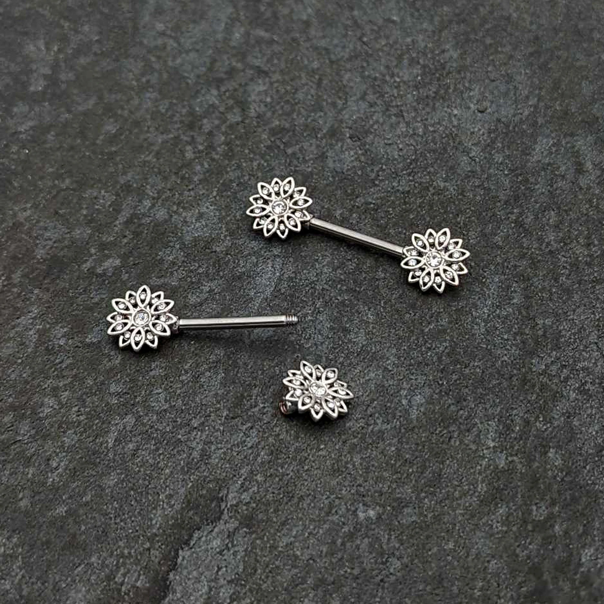 14G 9/16 Clear Gem Rococo Starry Flower Barbell Nipple Ring Set - Image 6