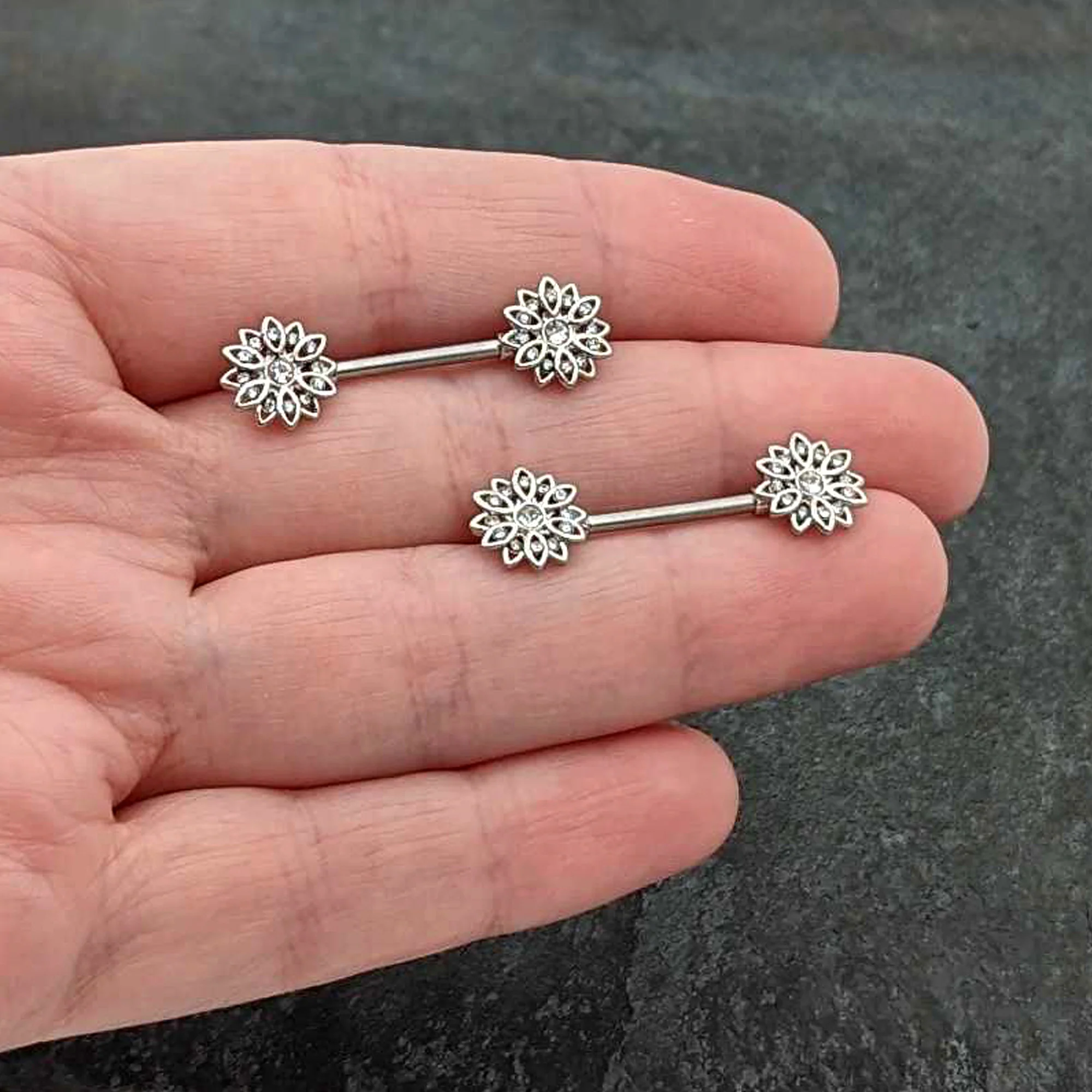 14G 9/16 Clear Gem Rococo Starry Flower Barbell Nipple Ring Set - Image 7