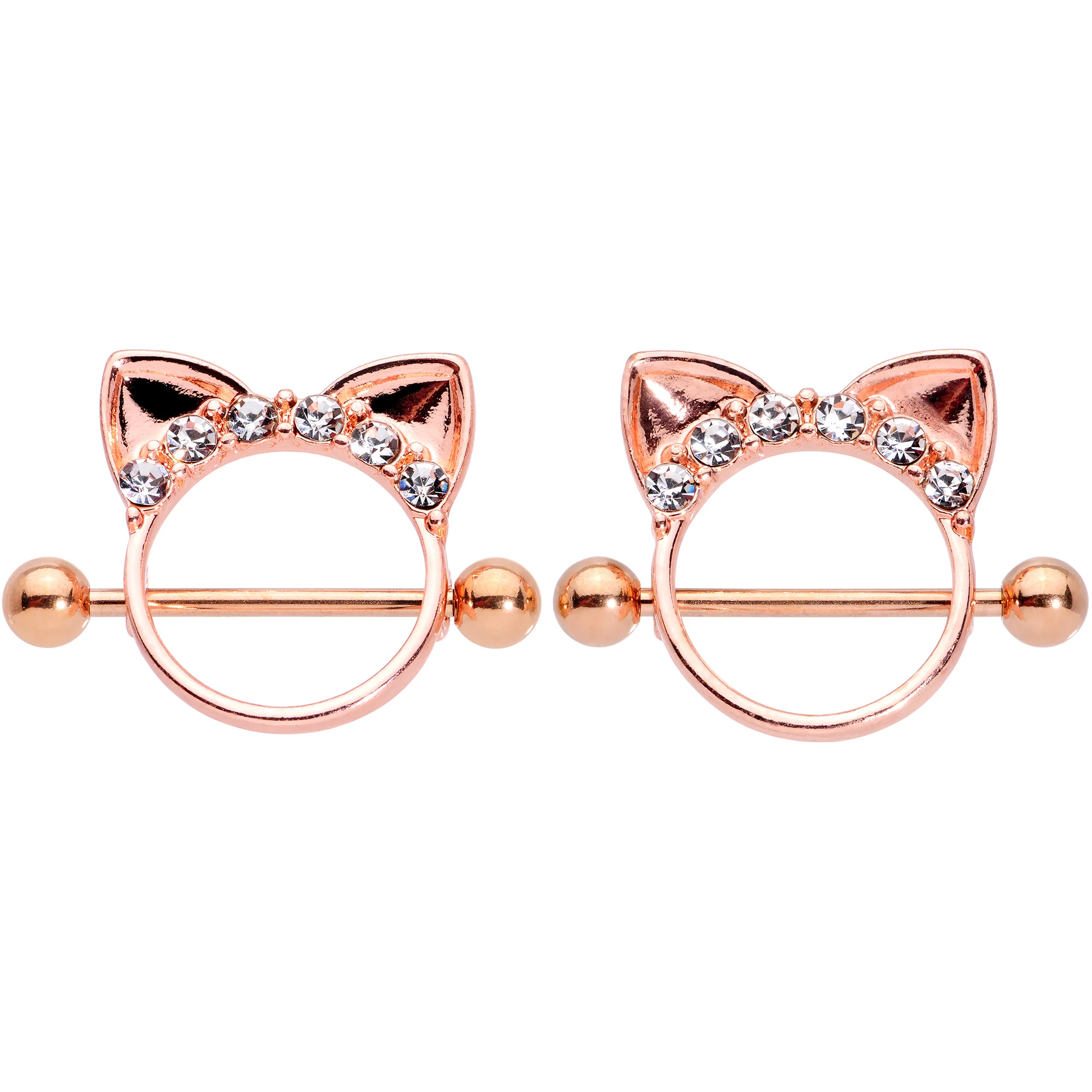 14G 9/16 Clear Gem Rose Gold Hue Kitty Cat Ears Nipple Shield Set - Image 2