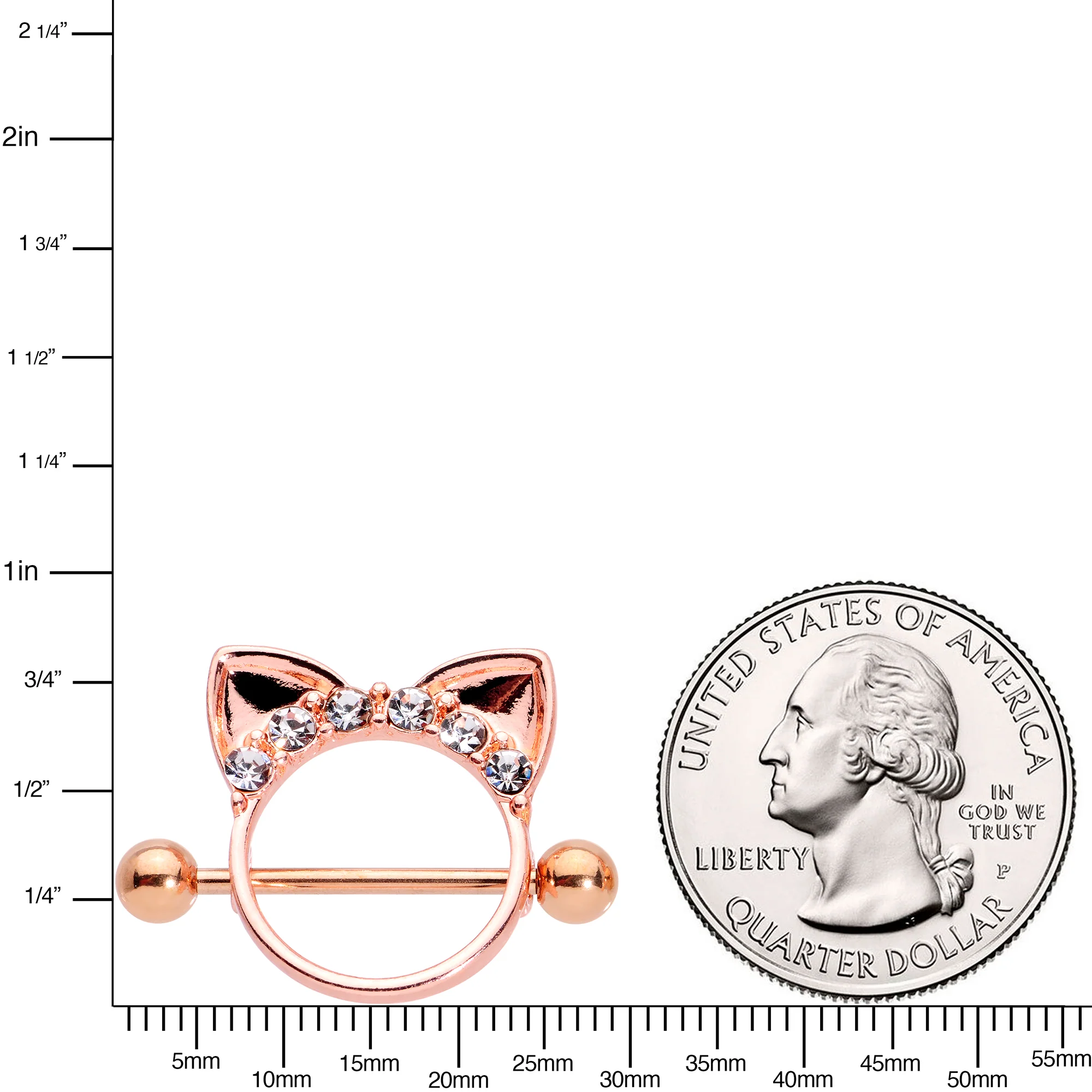 14G 9/16 Clear Gem Rose Gold Hue Kitty Cat Ears Nipple Shield Set - Image 3