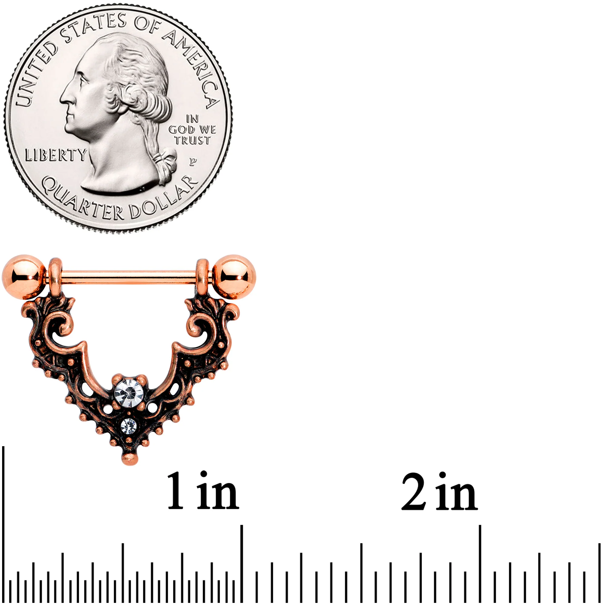 14G 9/16 Clear Gem Rose Gold Tone Baroque Bat Nipple Shield Set - Image 2
