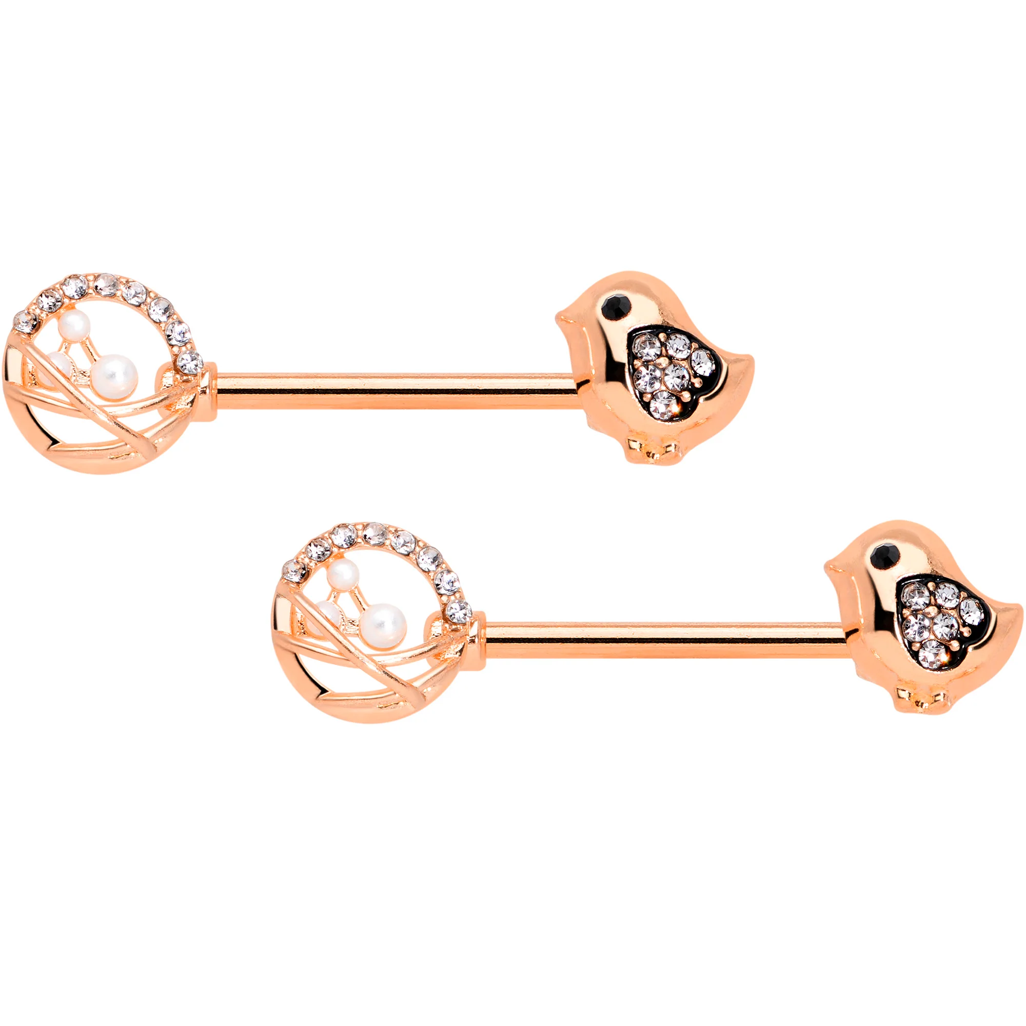14G 9/16 Clear Gem Rose Gold Tone Basket Chick Nipple Ring Set - Image 3