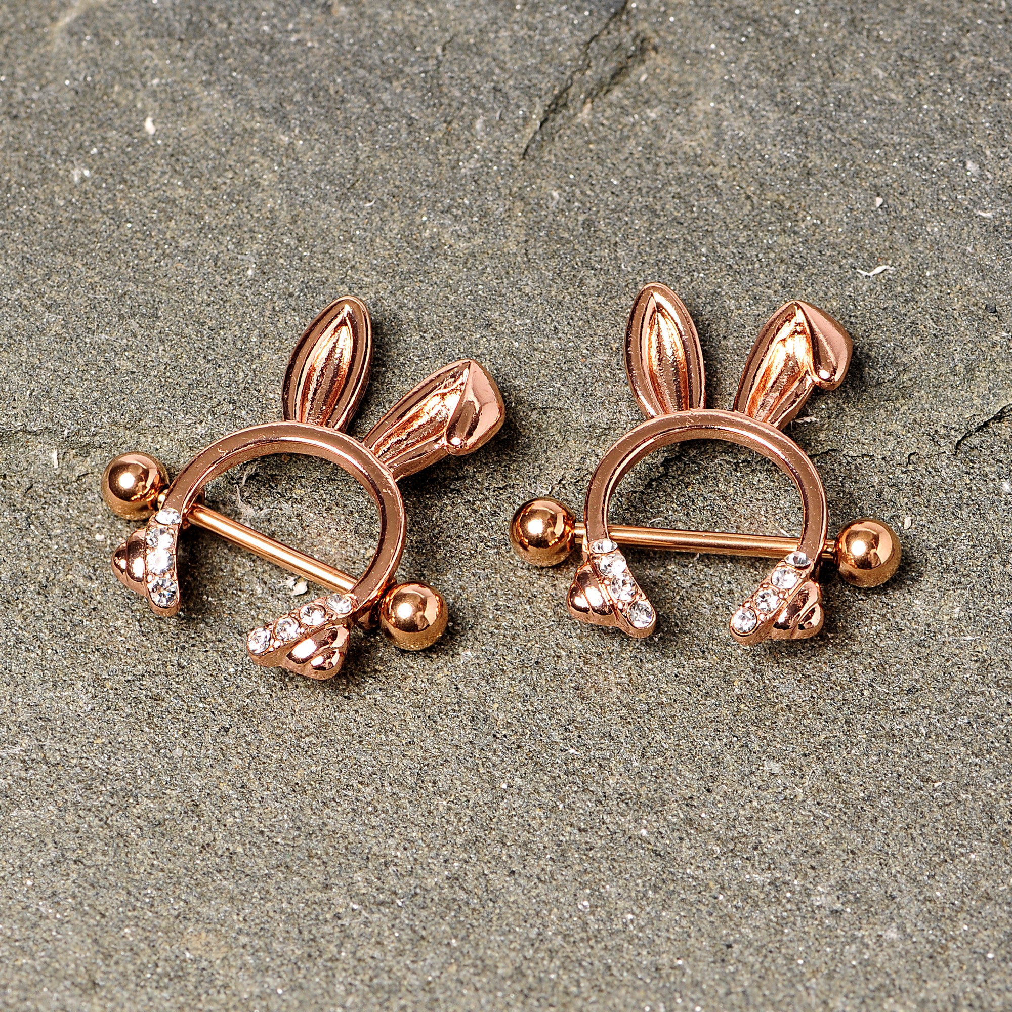 14G 9/16 Clear Gem Rose Gold Tone Bunny Ear Headphones Nipple Shield Set - Image 2