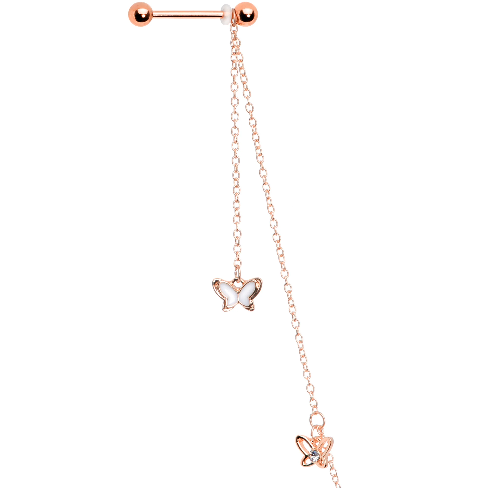 14G 9/16 Clear Gem Rose Gold Tone Butterfly Dangle Nipple Chain - Image 2