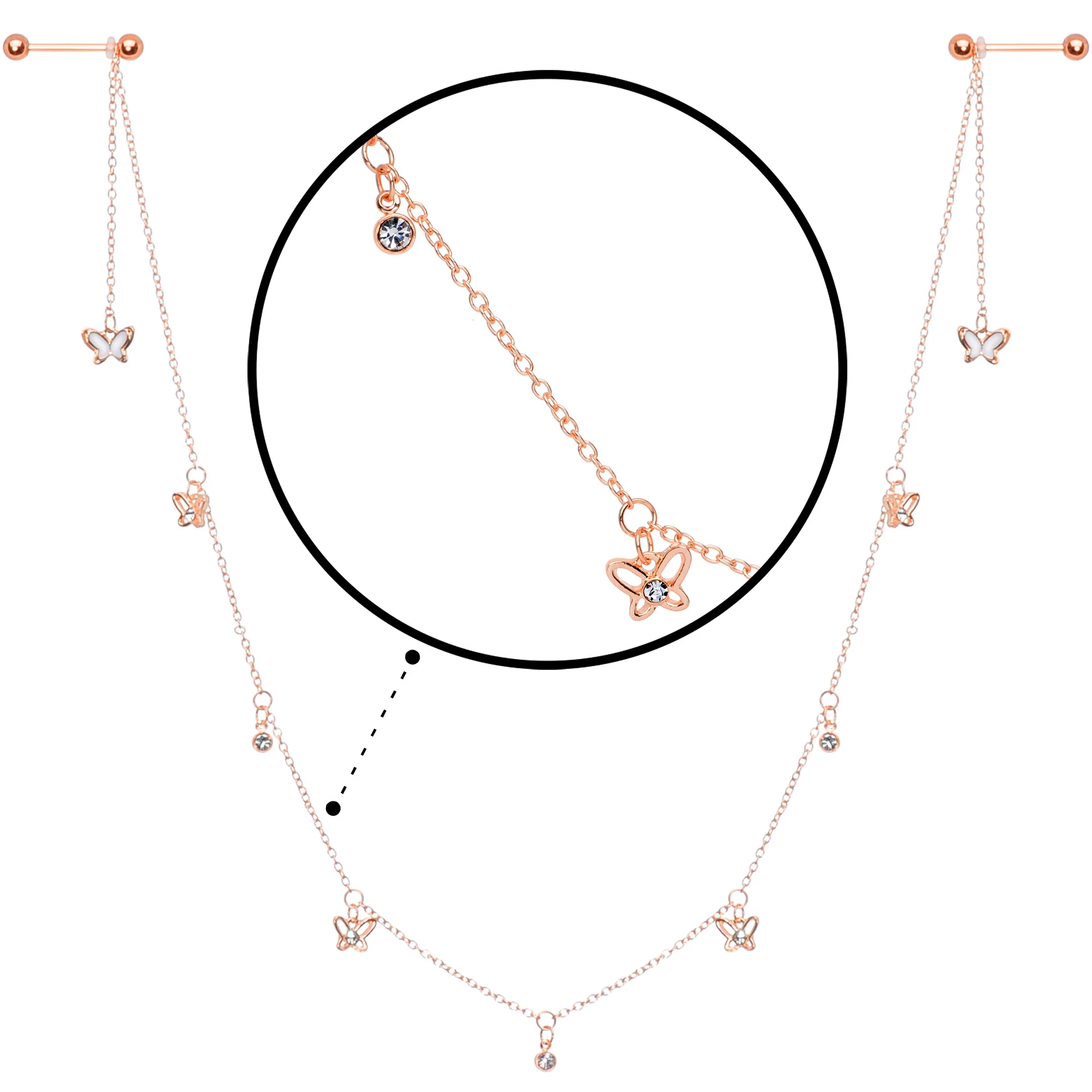 14G 9/16 Clear Gem Rose Gold Tone Butterfly Dangle Nipple Chain - Image 3