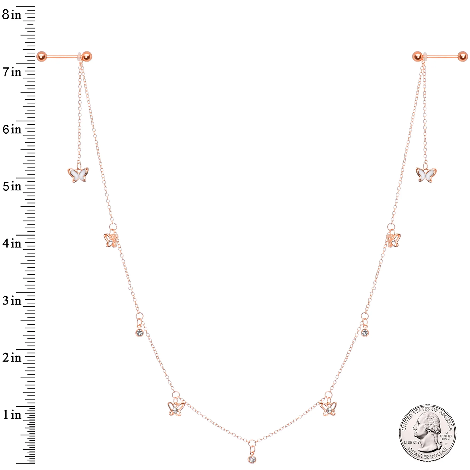 14G 9/16 Clear Gem Rose Gold Tone Butterfly Dangle Nipple Chain - Image 4