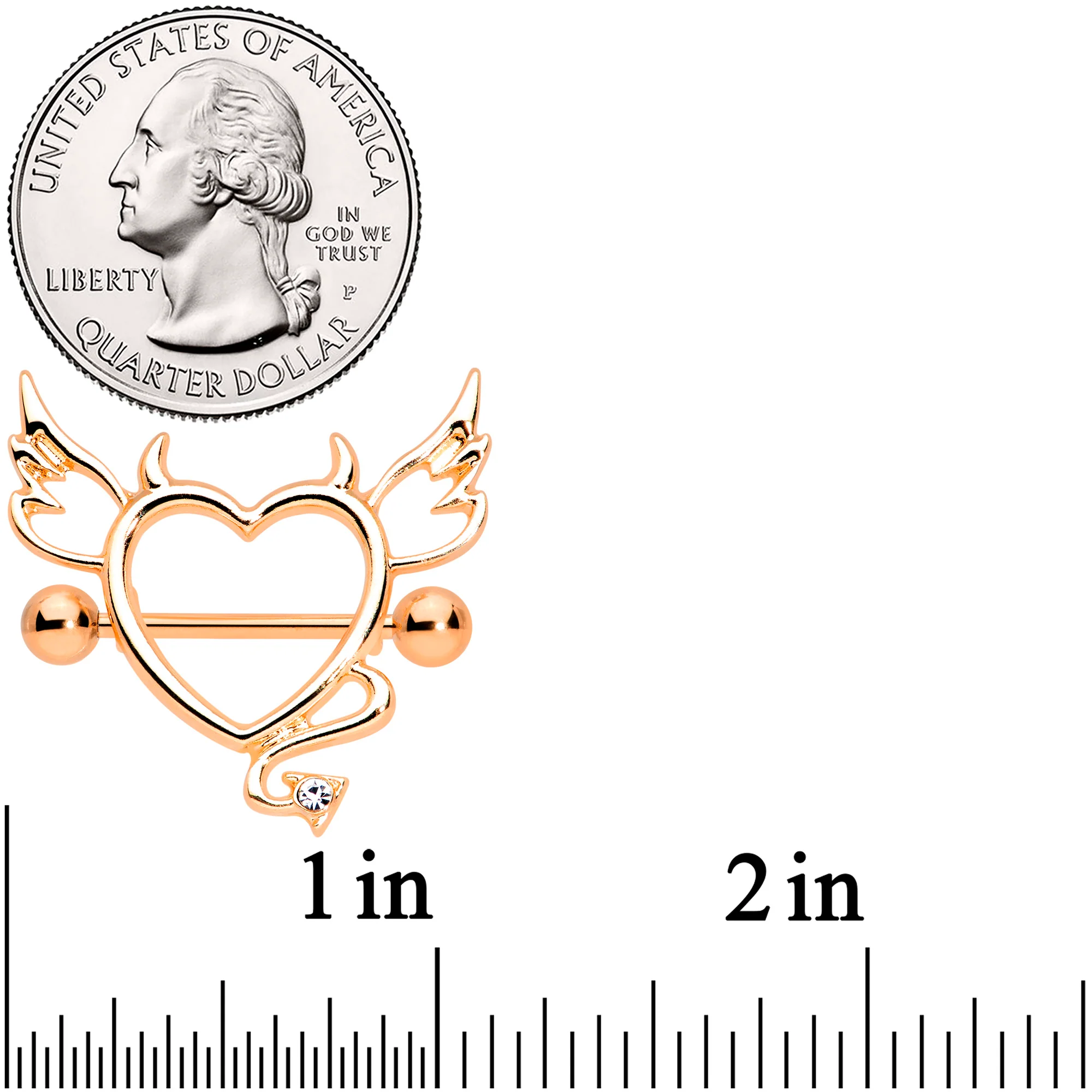 14G 9/16 Clear Gem Rose Gold Tone Devil Heart Nipple Shield Set - Image 3