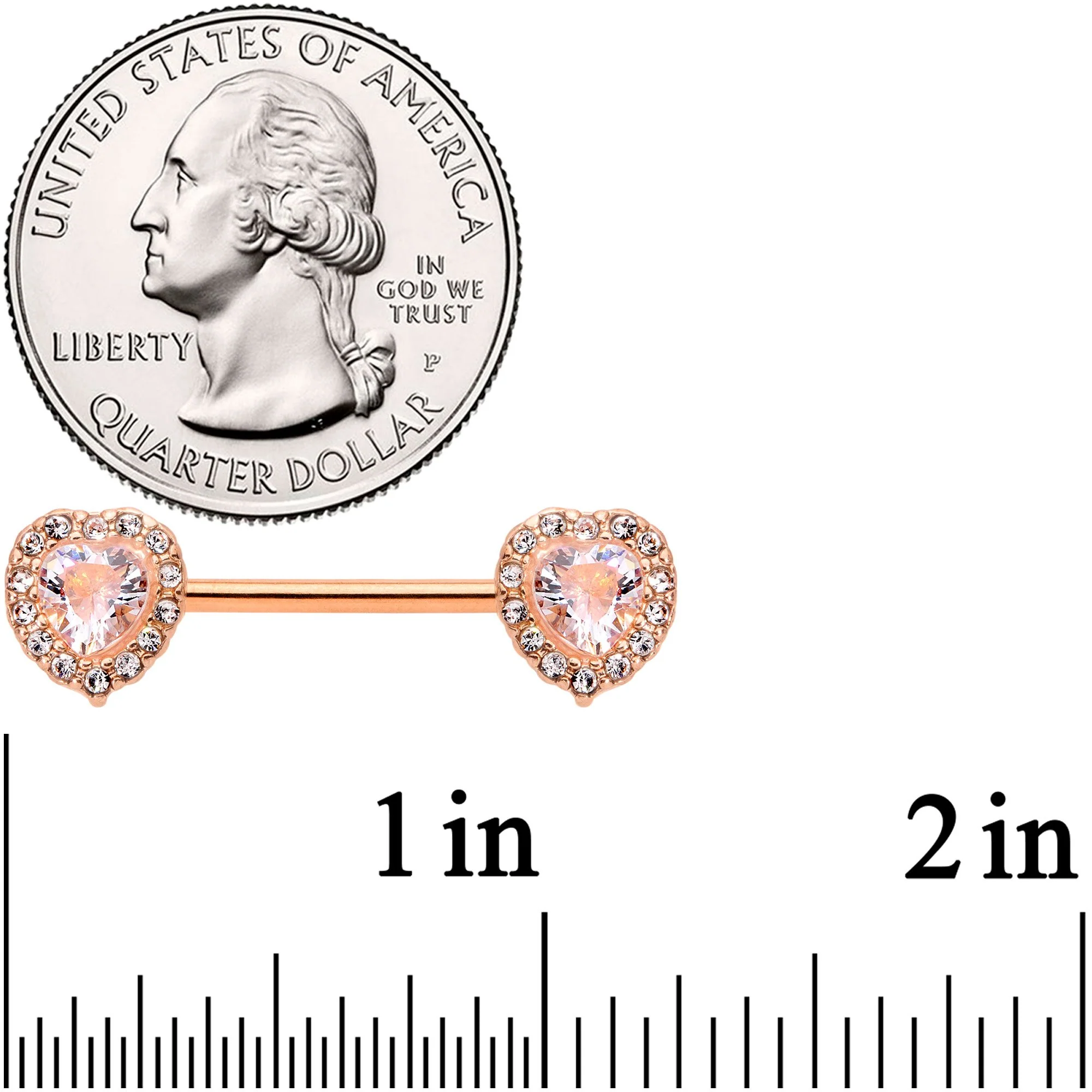 14G 9/16 Clear Gem Rose Gold Tone Heart Barbell Nipple Ring Set - Image 2
