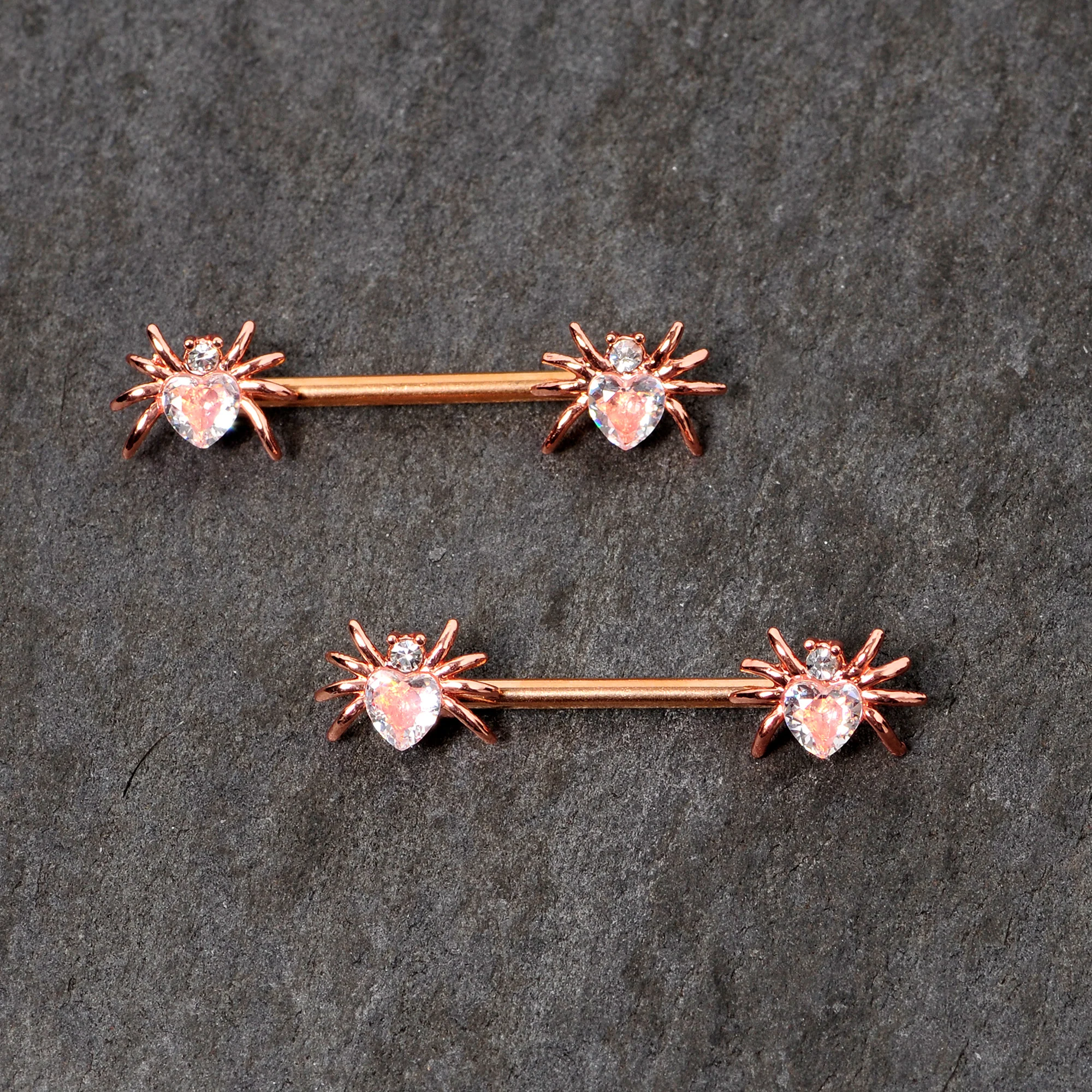 14G 9/16 Clear Gem Rose Gold Tone Heart Spider Nipple Ring Set - Image 2