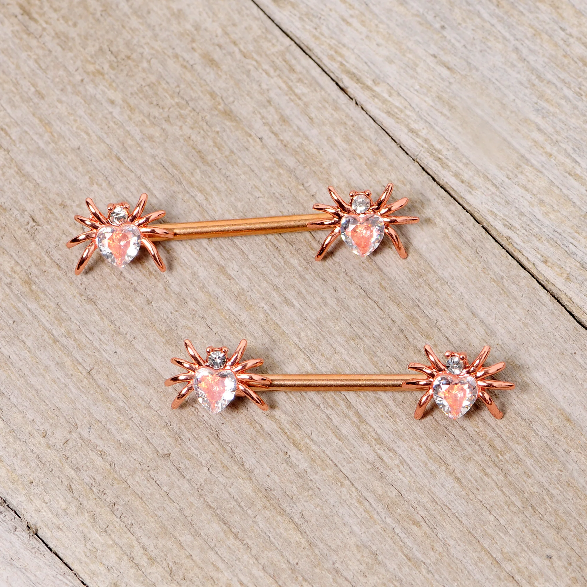 14G 9/16 Clear Gem Rose Gold Tone Heart Spider Nipple Ring Set - Image 3