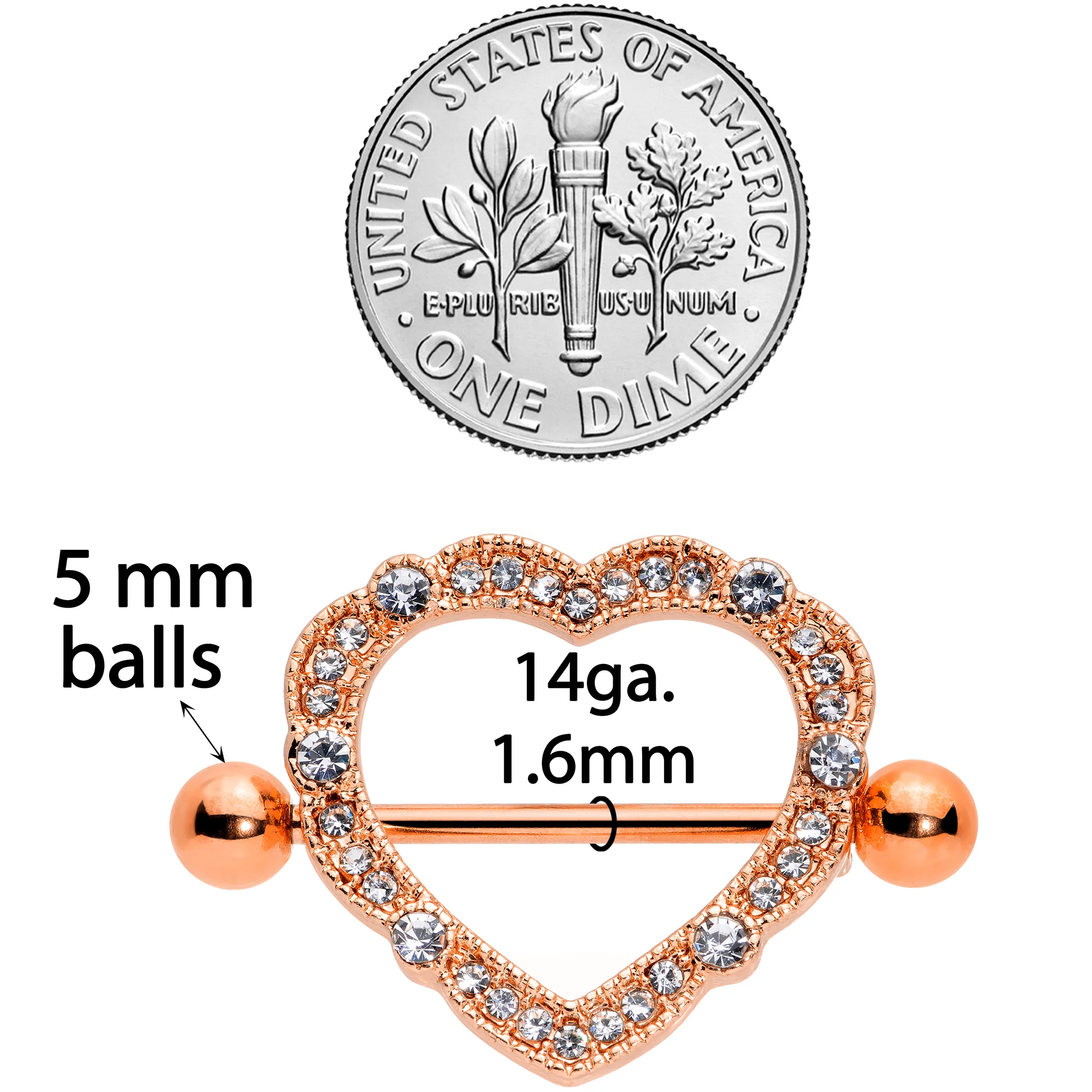14G 9/16 Clear Gem Rose Gold Tone Love Hearts Nipple Shield Set - Image 3