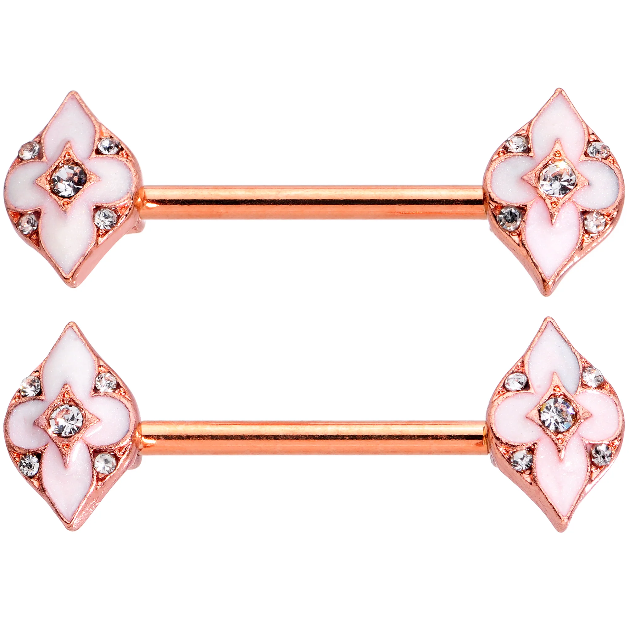 14G 9/16 Clear Gem Rose Gold Tone Pink Cross Nipple Ring Set - Image 2
