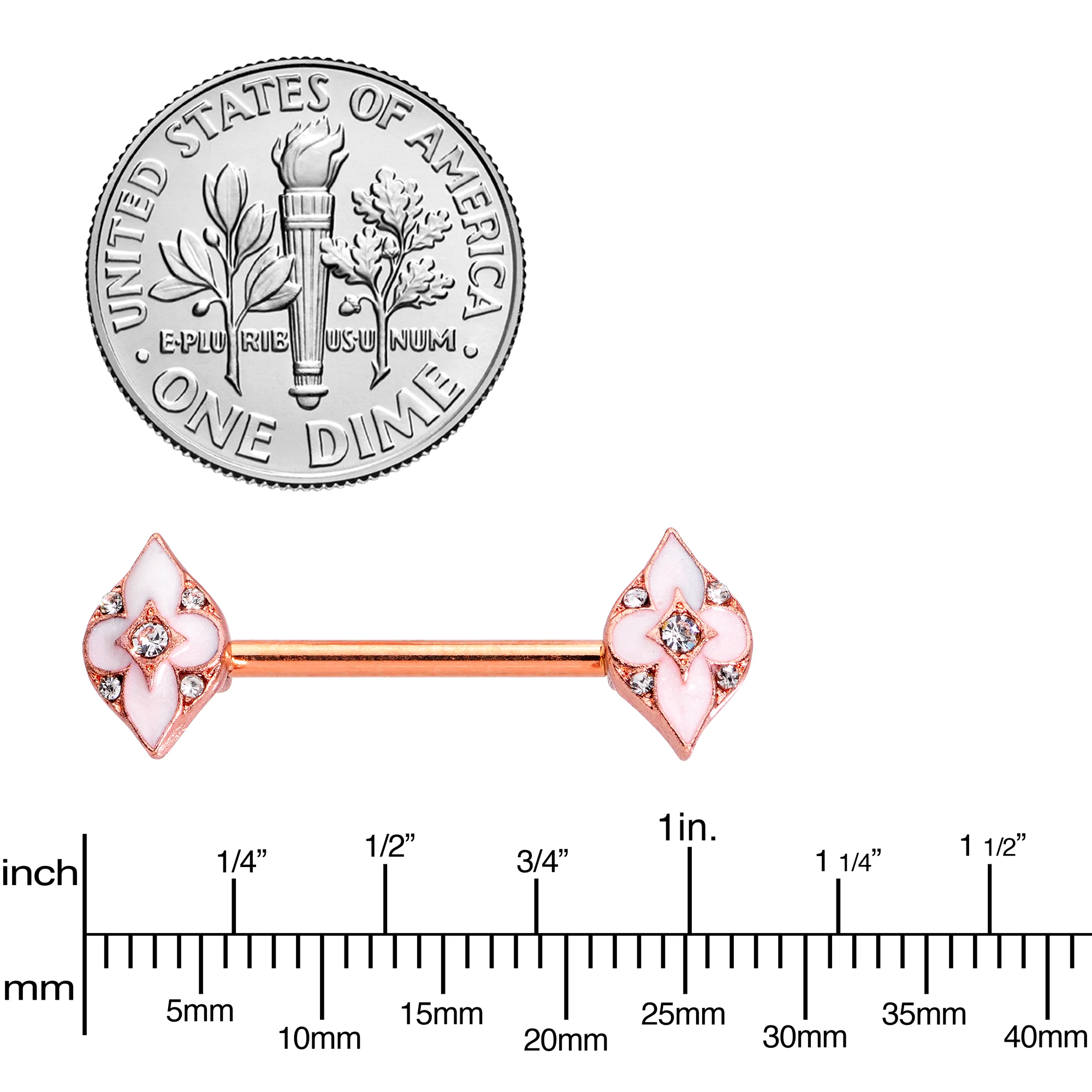 14G 9/16 Clear Gem Rose Gold Tone Pink Cross Nipple Ring Set - Image 4