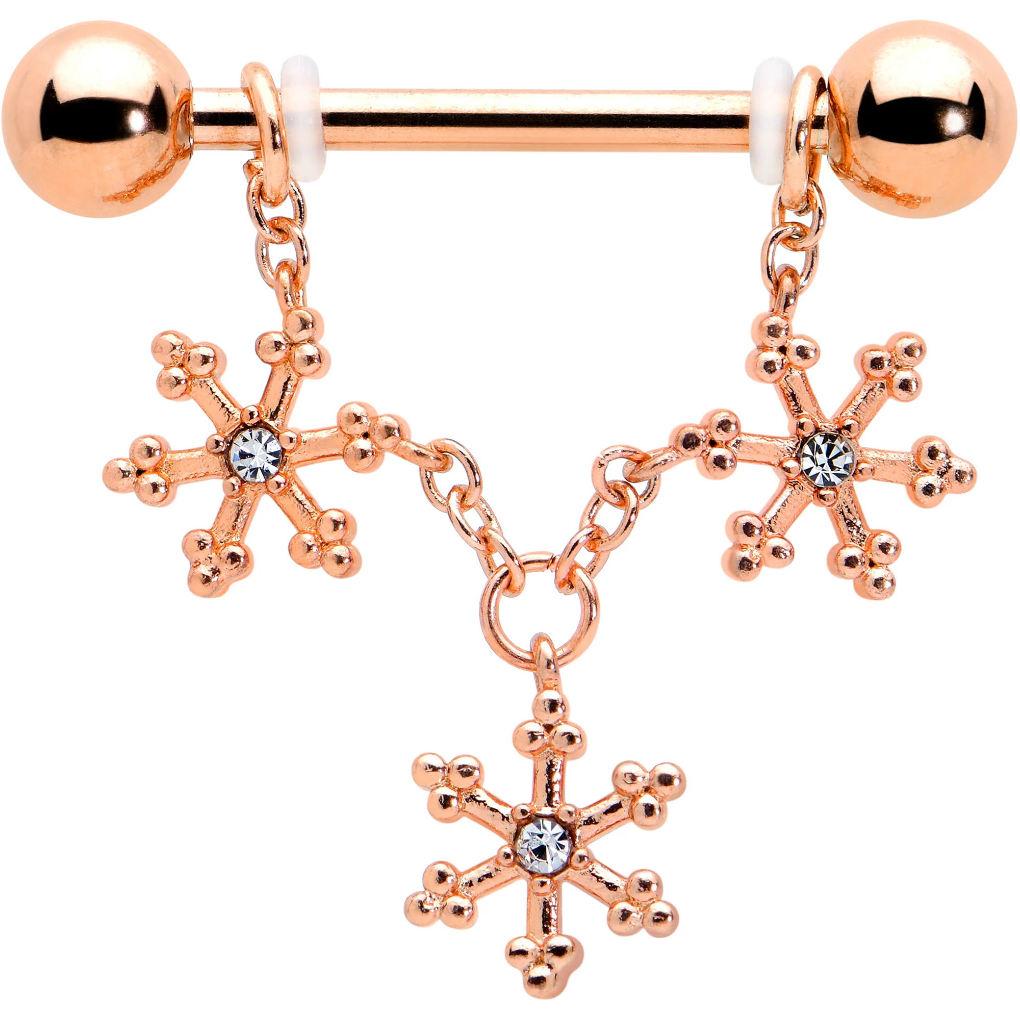 14G 9/16 Clear Gem Rosy Hue Snowflake Chain Dangle Nipple Ring Set - Image 2