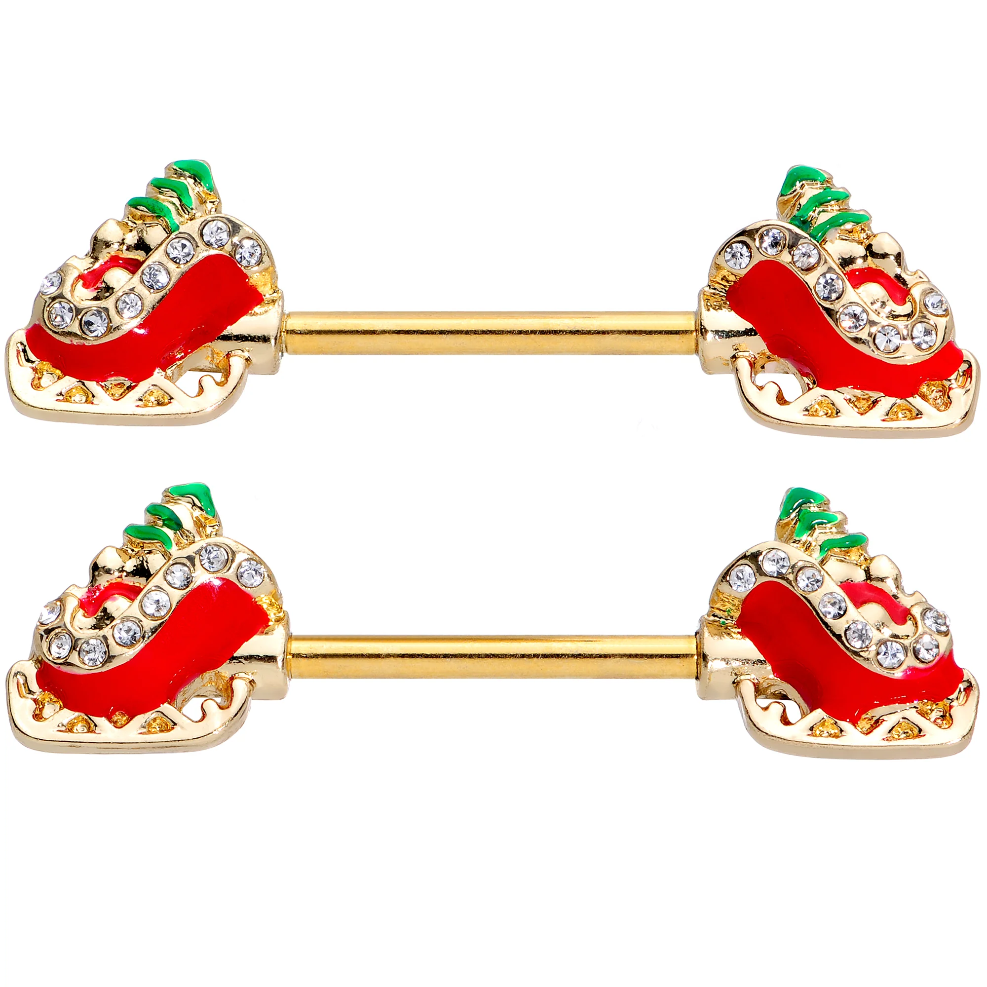 14G 9/16 Clear Gem Santa Sleigh Christmas Barbell Nipple Ring Set - Image 2