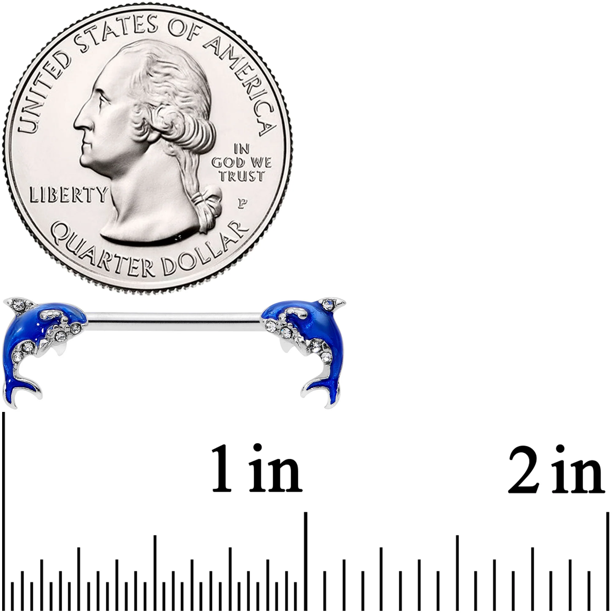 14G 9/16 Clear Gem Sea Blue Orca Whale Barbell Nipple Ring Set - Image 2