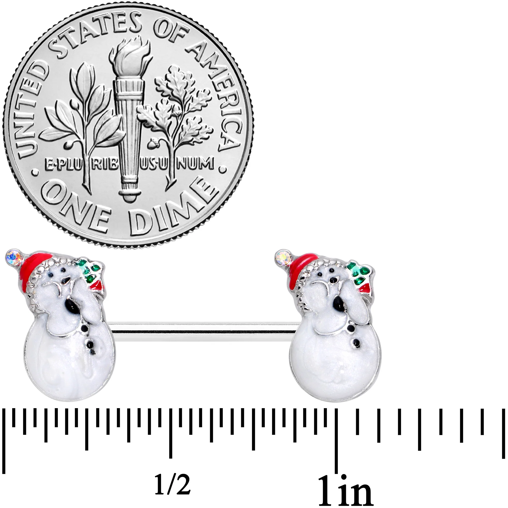 14G 9/16 Clear Gem Snowman Christmas Barbell Nipple Ring Set - Image 2